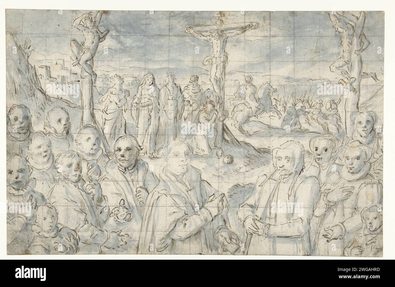 Kreuzigung mit einem Gründer und seiner Familie, Aert Pietersz., 1585 - 1590 Zeichenpapier. Tusche Stift / Pinsel die Kreuzigung Christi: Christi Tod am Kreuz; Golgatha (Matthäus 27:45-58; Markus 15:33-45; Lukas 23:44-52; Johannes 19:25-38) Stockfoto