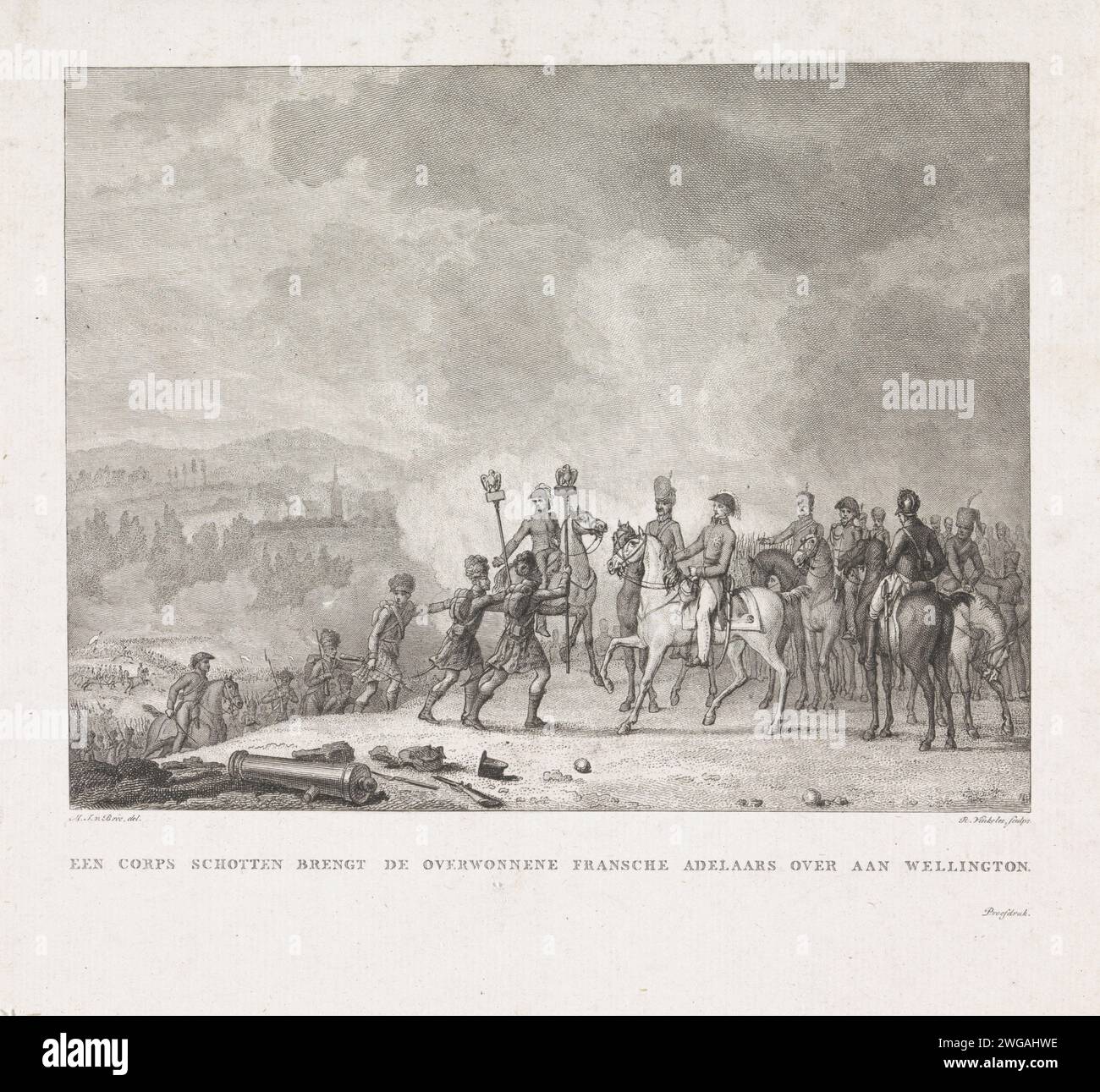 Scots präsentierten französische Standards nach Wellington, 1815, Reinier Vinkeles (I), nach Mattheus Ignatius van Bree, 1815–1816 Druck Ein schottisches Korps präsentiert zwei eroberte französische Standards mit Adlern auf dem Duke of Wellington, während der Schlacht von Waterloo am 18. Juni 1815. Teil einer Gruppe von Illustrationen von Ereignissen rund um und während der Schlachten bei Quatre-Bras und Waterloo, 16-18. Juni 1815. Niederländische Papiergravur (Militär) Flaggen und Standards (+ Landstreitkräfte). Schlacht (+ Landstreitkräfte) Waterloo Stockfoto