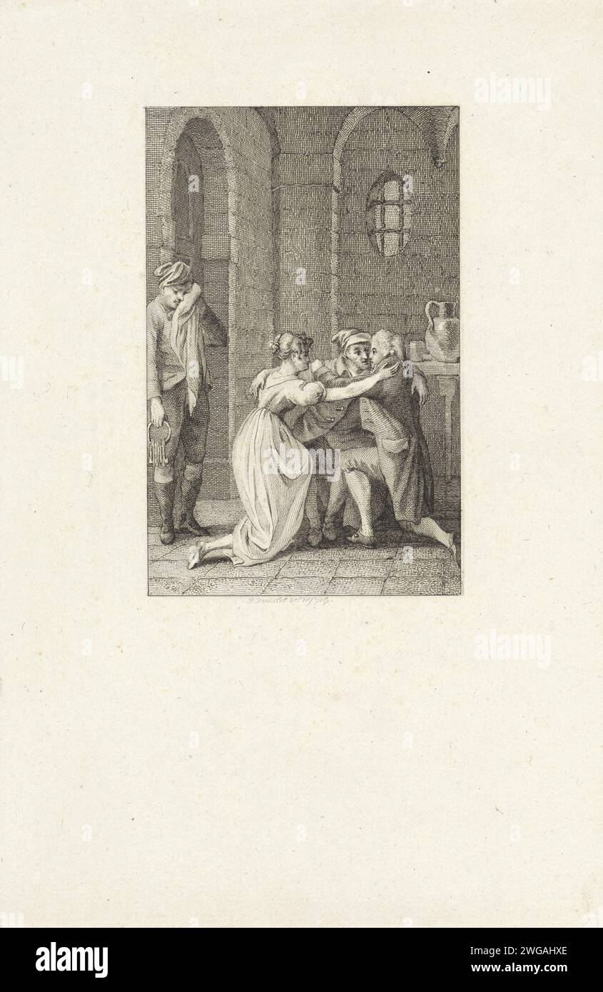 Zwei Männer und eine Frau umarmen sich in einem Kerker, Reinier Vinkeles (I), 1808–1809 Druck Amsterdam Papier ätzend / Gravur umarmen sich gegenseitig, küssen. Gefängnis, Gefängnis. Gefängnispersonal: Gefängniswärter, Wärter, Wärter Stockfoto