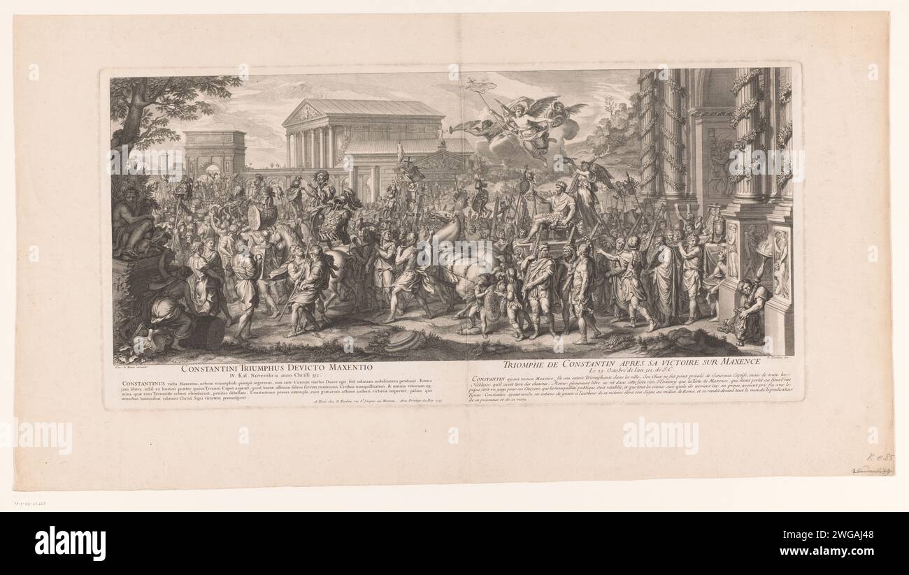 Triumph von Constantijn nach seinem Sieg über Maxentius, Anonym, nach Charles Le Brun, 1715 Druckgraphiker: Franzepublisher: ParisFrance Papiergravur / Gravurkampf. Die Schlacht an der Milvischen Brücke (Saxa Rubra): St. Konstantin zu Pferd konfrontiert Maxentius; ein Kreuz erscheint am Himmel mit in feurigen Buchstaben „in hoc Signo vinces“ (die erhöhten Standards der römischen Soldaten tragen ein Kreuz oder das Chi-Rho-Monogramm). Triumphe (allegorisch und symbolisch) Stockfoto