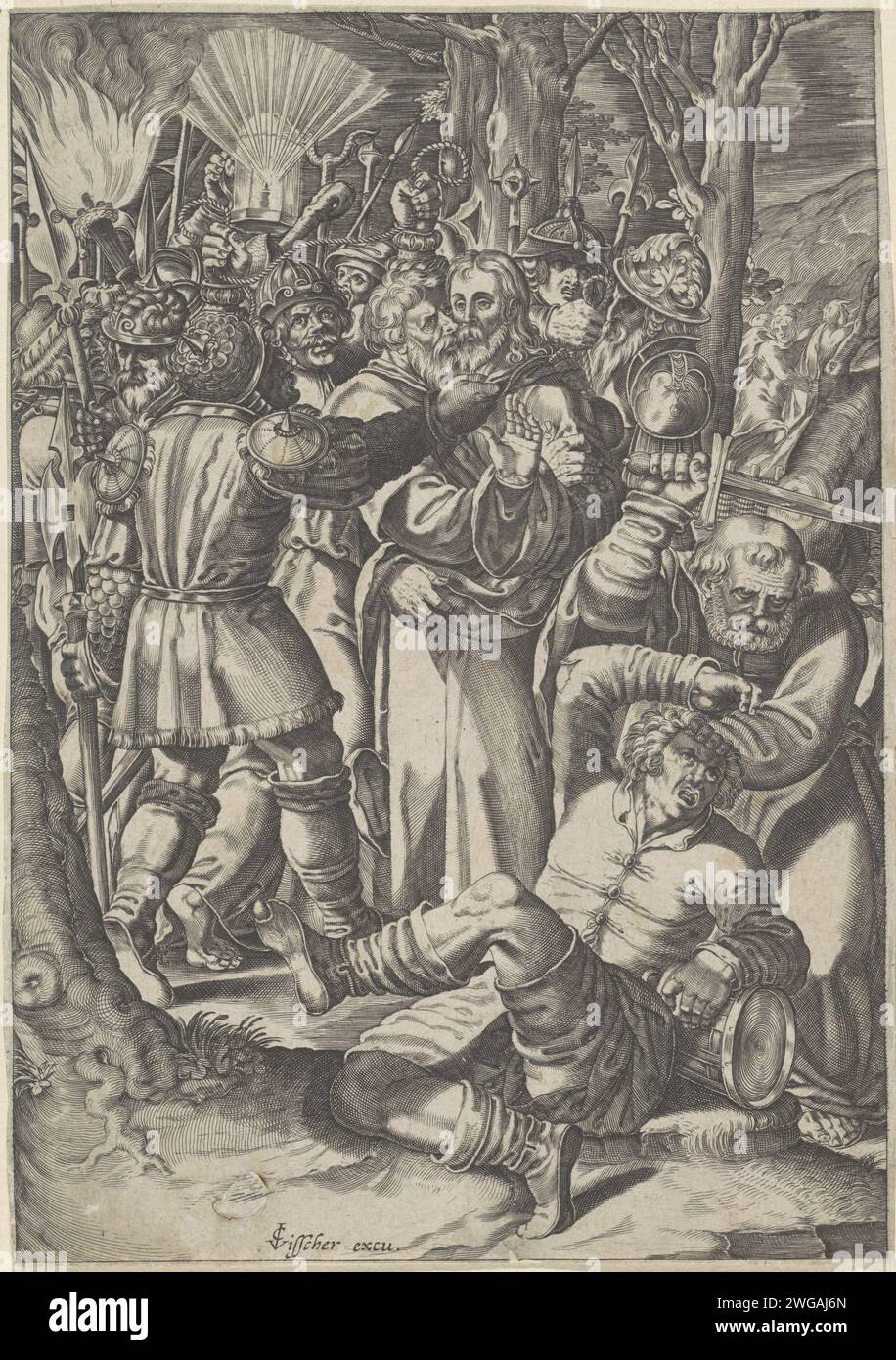 Sammlung von Christus, Bartholomeus Willemsz. Dolendo (möglicherweise), 1601–1652 Druck Judas küsste Christus auf die Wange, um anzuzeigen, dass dies der Mann ist, der die Soldaten einsperren muss. Im Vordergrund hebt Peter sein Schwert, um Malchus auf sein Ohr zu treffen. Amsterdamer Papier mit der Gravur des Judas: Begleitet von Soldaten mit Fackeln und Laternen, küsst er Christus. Peter zieht sein Schwert und schneidet Malchus das Ohr ab Stockfoto