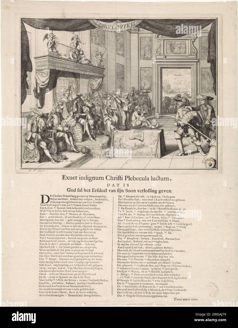 Cartoon on the traurige State of France unter der Herrschaft Ludwigs XIV, 1692, Jacobus Harrewijn (möglich), 1692 Print Cartoon on the traurige State of France unter der Herrschaft von König Ludwig XIV, 1692. Ludwig XIV. Sitzt traurig auf seinem Thron im Thronsaal. Links steht der schreiende Jacobus II. Und der Grand Dauphin, hinter dem König steht seine Frau Madame de Maintenon. Rechts zwei Jesuiten, darunter Pater Peters, Wilhelm Egon von Fürstenberg und andere. Auf einem Tisch in der Mitte ein Teppich mit phaëthon im Solarauto, Krone und einem Druck aus der Schlacht von Kap La Hogue. Am Boden ein faszinierter Protestan Stockfoto