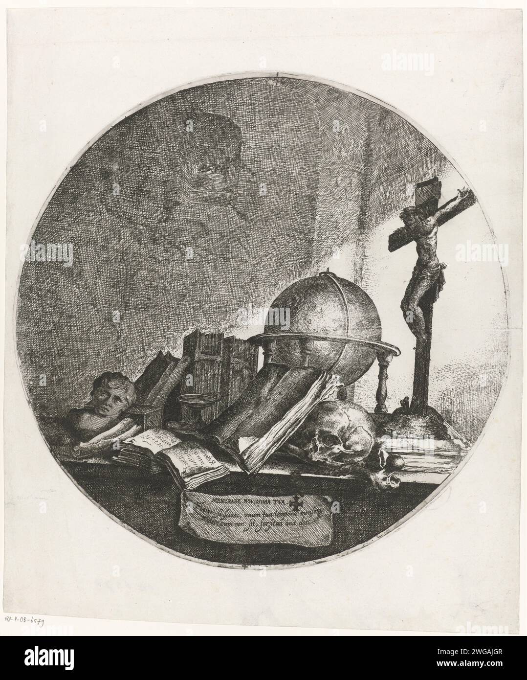 Vanitas mit Globe, Kruzifix, Schädel und Büchern, Jan Matham, nach Jacob Matham, 1628 - 1648 Druck Vanitasstill Life mit einer Kugel, einem Kruzifix, einem Schädel, einem Knochen und Büchern auf einem Tisch Haarlem Papier, das 'Vanitas' Stillleben graviert Stockfoto