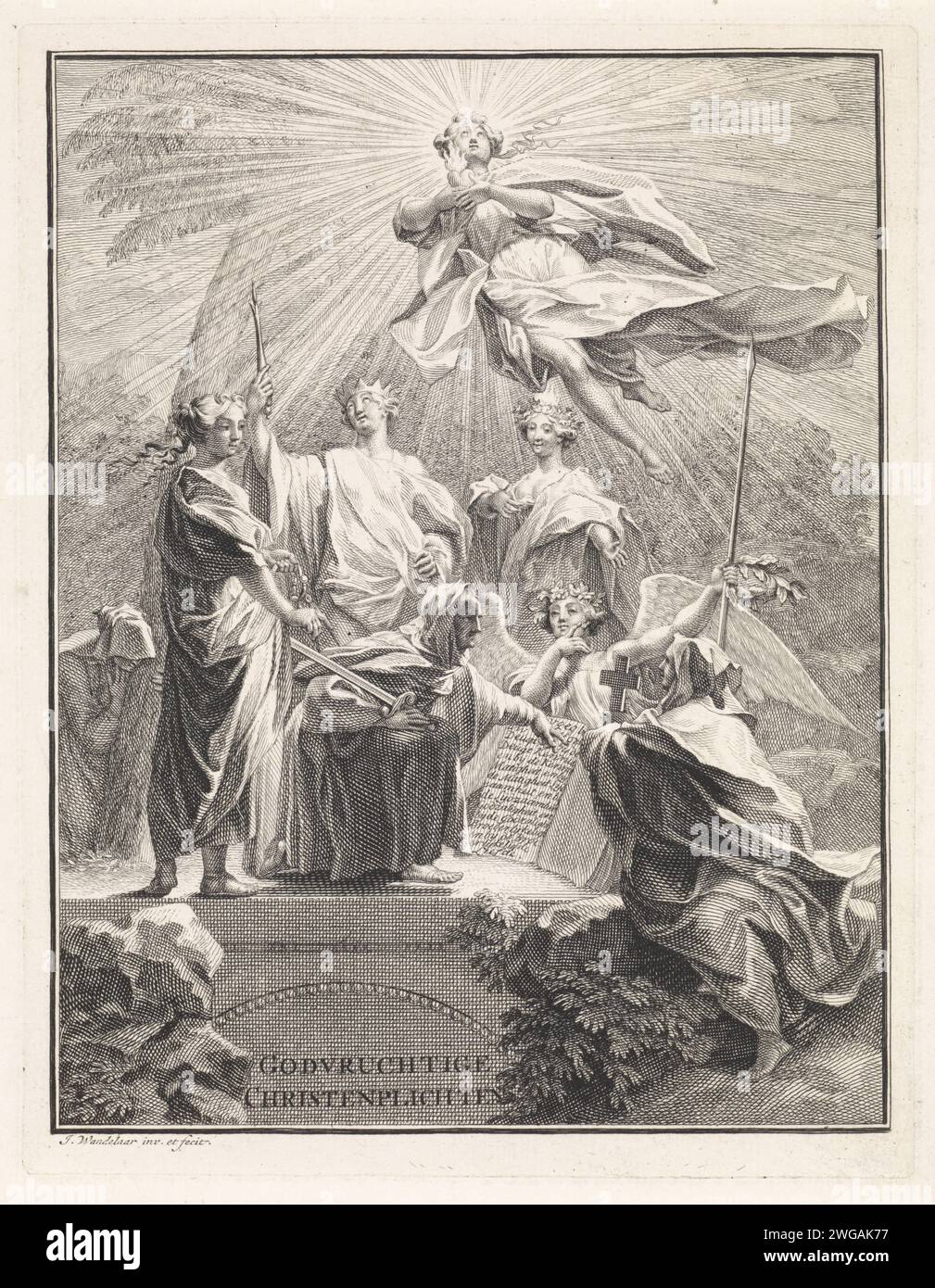 Landschaft mit allegorischen Figuren von Christian Virto, Jan Wandelaar, 1702–1759 Druck Ein Mann im Mantel, mit einem Schwert in der Hand, verweist auf ein offenes Buch, das Tugenden beschreibt. Er ist umgeben von allegorischen Figuren: Glaube (Fides) mit einem Kreuz in der Hand, eine geflügelte Frau als Personifikation des Wissens (Cognitio), Liebe (caritas) mit einer Flamme über dem Kopf, Mäßigung (Temperantia) mit einem Pferdetetom und Passibility (Patientia), die in einem Baum kniet. Über ihnen fliegt in der Luft die Gottseligkeit (Timor dei), mit einem brennenden Herzen in den Händen. Nordholländische Papierätzung / Gravur Frömmigkeit, " Stockfoto