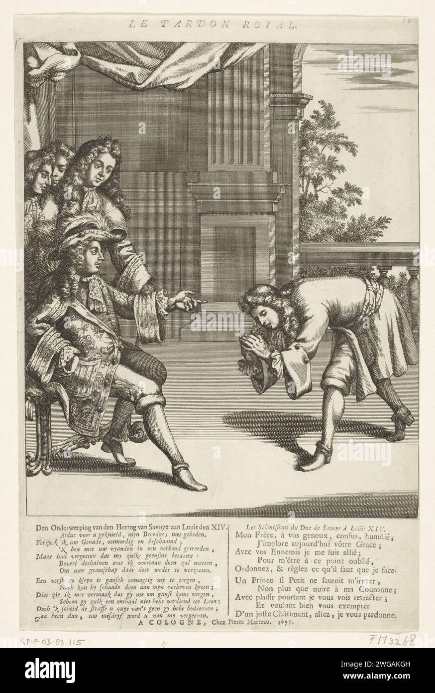 Die königliche Begnadigung, 1697, 1697 drucken die königliche Begnadigung. Viktor Amadeus II., Herzog von Savoyen, der sich im Kampf gegen Ludwig XIV. Den Alliierten verpflichtet hatte, beugt sich und fleht den französischen König um Vergebung, 1697. Auf dem Magazin unter dem Album Verse in Niederländisch und Französisch. Von Muller (wahrscheinlich nicht gesehen) klassifiziert durch eine Gruppe von einzelnen Cartoons über Ludwig XIV. Während des Spanischen Erbfolgekrieges, ca. 1701-1713. Druckerei: Nordhollandspublisher: Kölner Papierätzer / Buchdruck politische Karikaturen und Satiren. Gnade gewähren; Entschuldigung Stockfoto