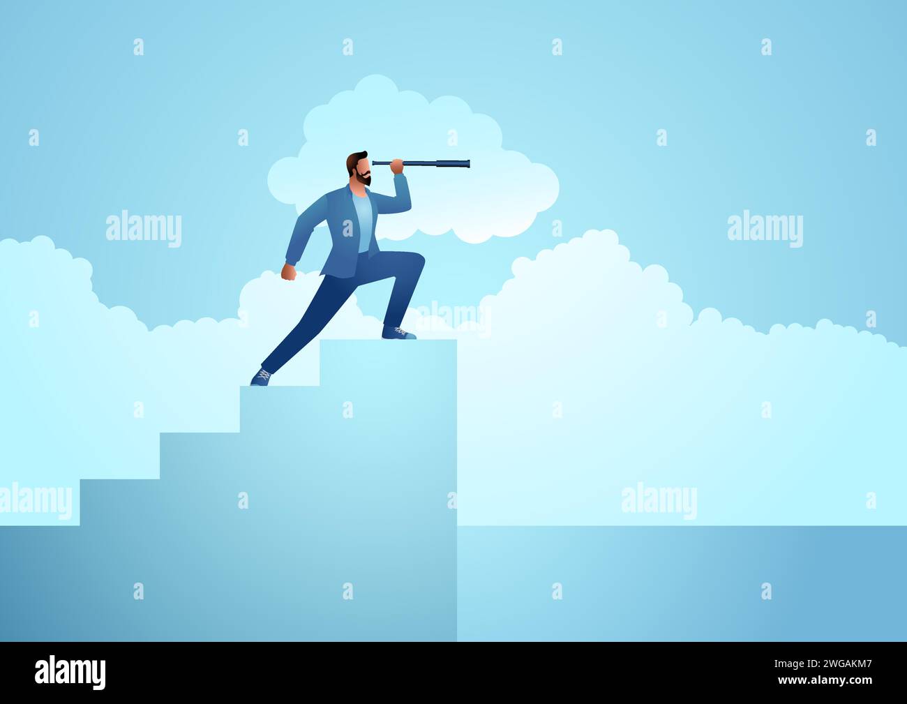 Geschäftsvektor-Illustration eines Mannes, der Teleskop auf Treppen benutzt Stock Vektor