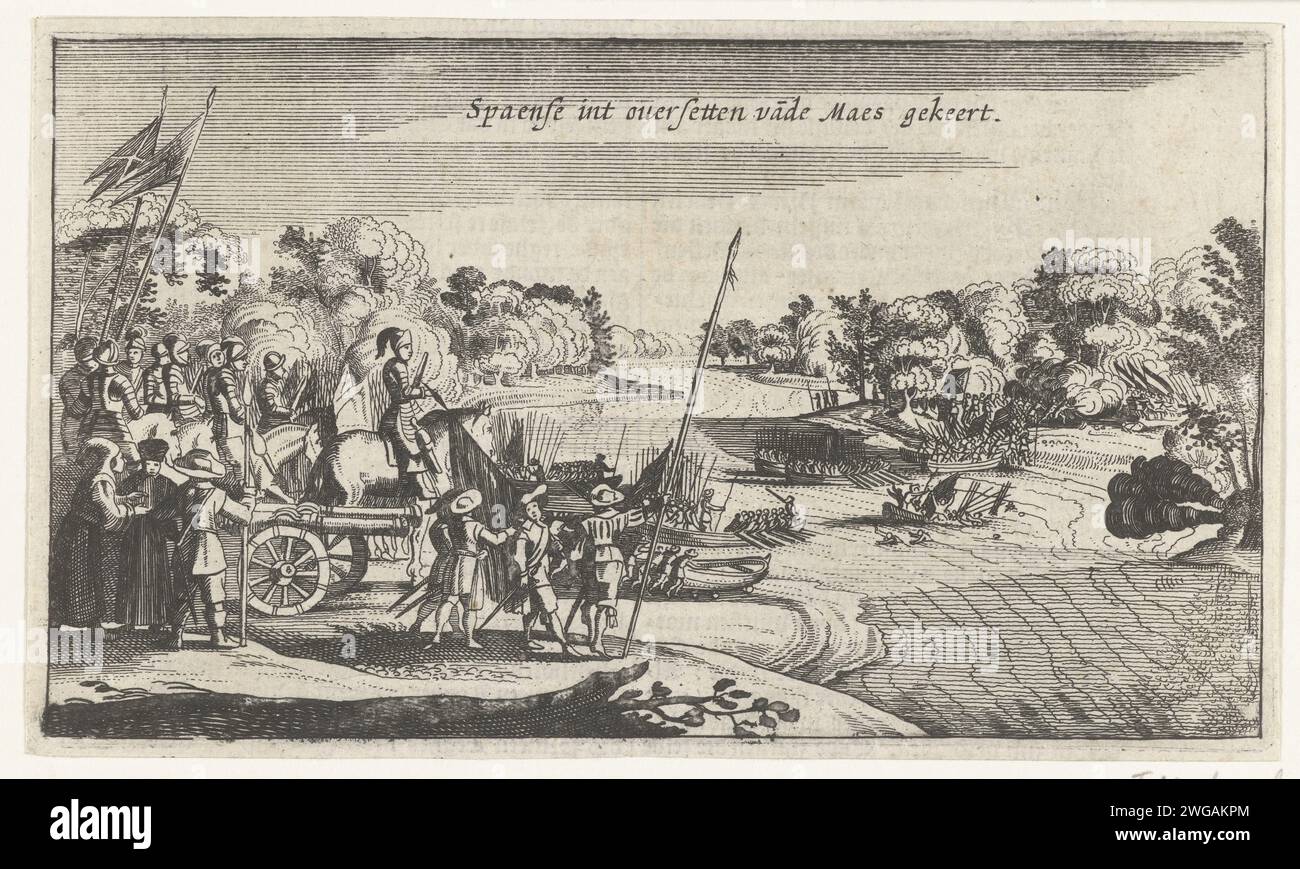 Gescheiterter Versuch der spanischen Armee, die Maas zu vertreiben, 1632, 1632 – 1699 Drucke gescheiterter Versuch der spanischen Armee, die Maas in einen Versuch zu versetzen, die Stadt zu entlasten. Die Slops mit spanischen Soldaten werden erschossen und sinken. Folge der Belagerung von Maastricht durch die Staatsarmee unter Friedrich Hendrik vom 9. Juni bis 21. August 1632. Auf der Rückseite mit Text in Niederländisch gedruckt. Nord-Niederlande Papierätzkampf (+ Landstreitkräfte). Die Belagerung mit Hilfe von außen anregen, Maastricht entlasten. Netz Stockfoto