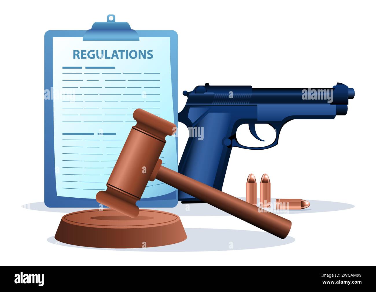 Gavel Justice mit Pistole und Regelungsdokument zum Hintergrund, Schusswaffengesetz, Waffenkontrolle Stock Vektor