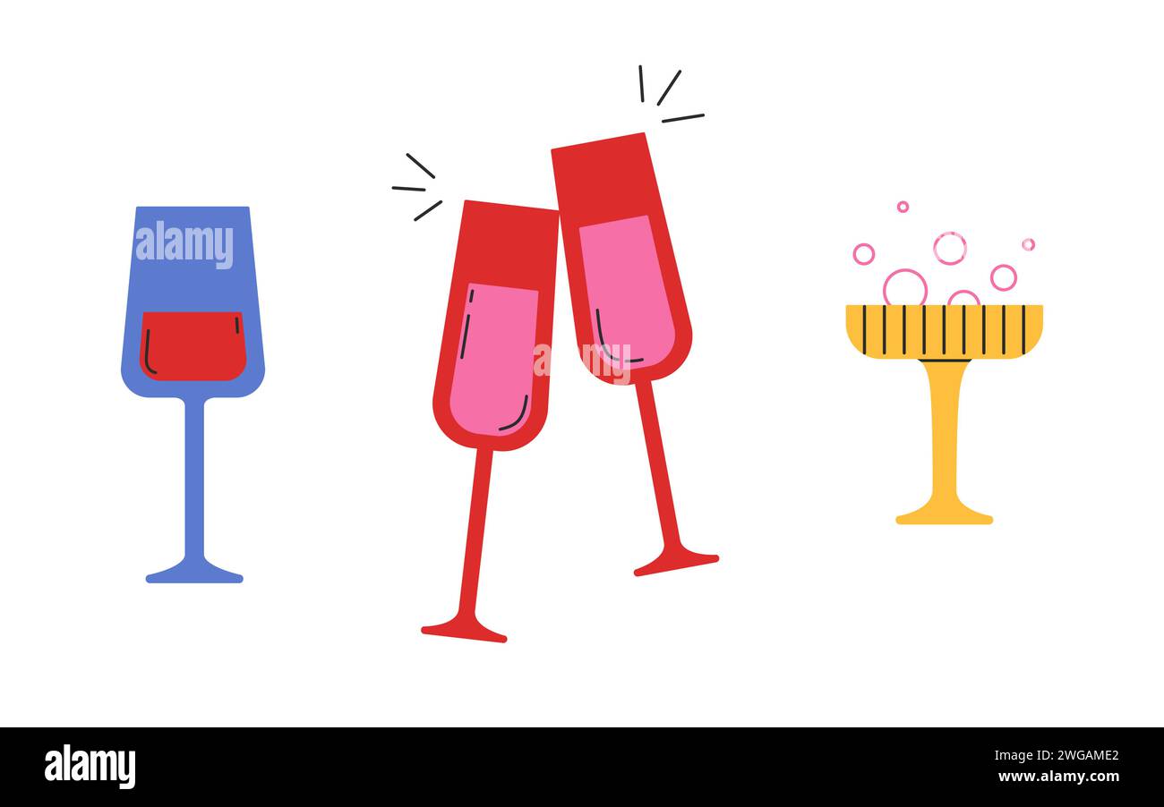 Set mit anderen Weingläsern. Für Wein und Champagner. Vektorabbildung in abgewickelter Form. Grooviger STYLE. Für Aufkleber, Karten-Design Stock Vektor