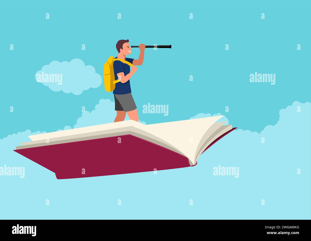 Karikaturillustration eines Jungen mit Rucksack mit Teleskop auf fliegendem Buch, Bildung, Zukunftsplan, Prognose Stock Vektor