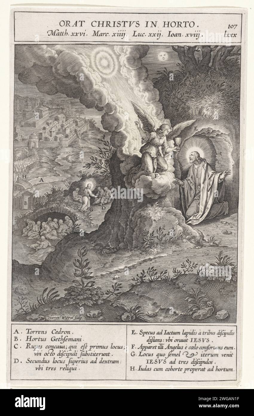 Christus im Hof van getemane, Jerome Wierix, nach Bernardino Passer, 1593 Druck Christus betet am Hof von Getsemane. Ein Engel mit einem Kelch erscheint vom Himmel. Seine Schüler schlafen im Hintergrund. Judas tritt durch das Tor in den Garten ein und die Soldaten zeigen den Ort, an dem Christus betet. Verschiedene Elemente der Performance sind Buchstaben, die der Legende am Rand entsprechen. Antwerpener Papier, das das Gebet Christi im Garten Getsemani während der Nacht graviert Stockfoto Christus im Hof van getemane, Jerome Wierix, nach Bernardino Passer, 1593 Druck Christus betet am Hof von Getsemane. Ein Engel mit einem Kelch erscheint vom Himmel. Seine Schüler schlafen im Hintergrund. Judas tritt durch das Tor in den Garten ein und die Soldaten zeigen den Ort, an dem Christus betet. Verschiedene Elemente der Performance sind Buchstaben, die der Legende am Rand entsprechen. Antwerpener Papier, das das Gebet Christi im Garten Getsemani während der Nacht graviert Stockfoto