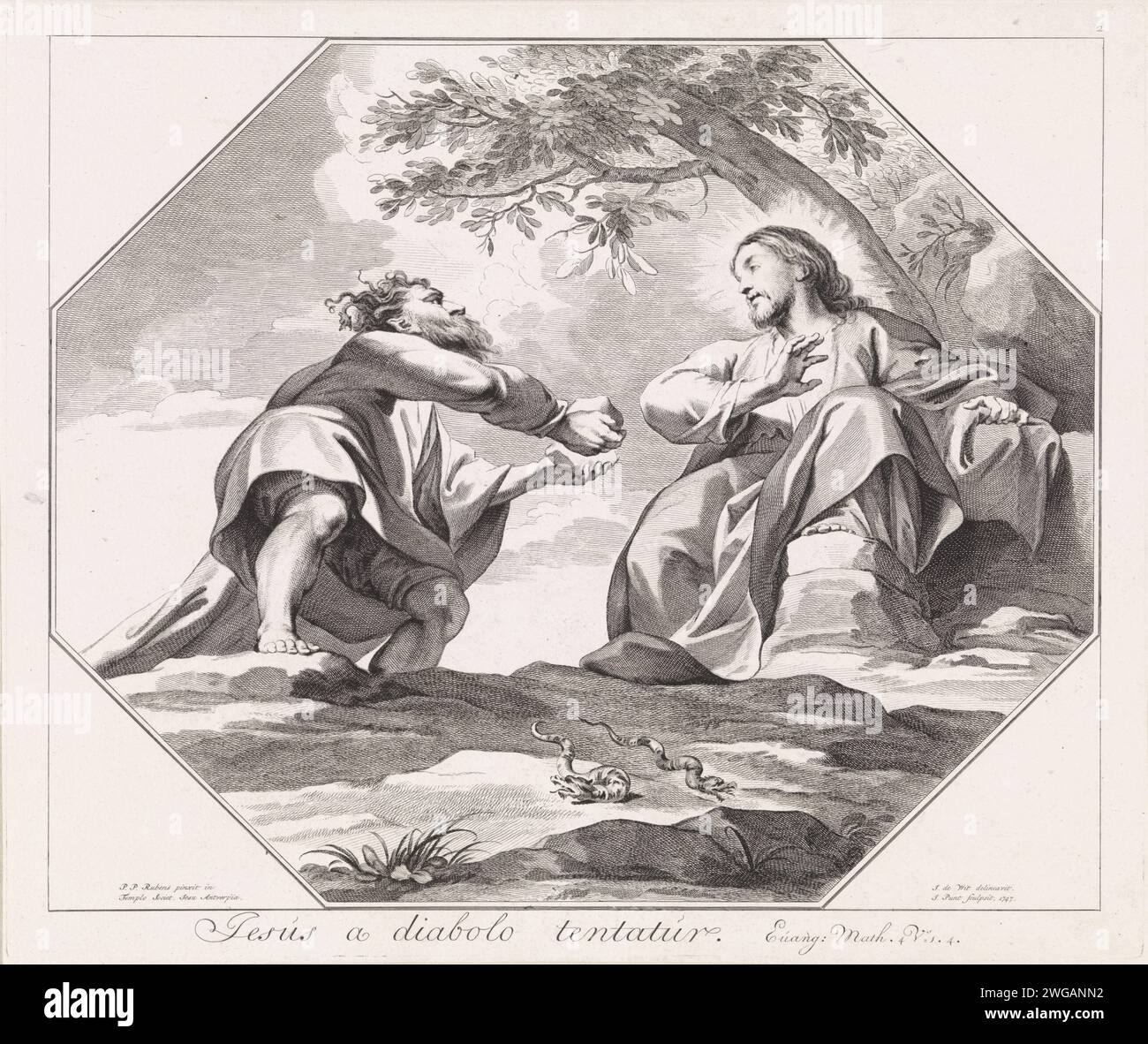 Anforderung Christi, Jan Punt, nach Jacob de Wit, nach Peter Paul Rubens, 1747 Druck Ein Teufel in menschlicher Form bittet Christus, die Steine in seine Hände in Brot zu verwandeln. Unter der achteckigen Darstellung ein lateinischer Vers aus matt. 4: 1-4. Amsterdamer Papiergravur Christus, manchmal begleitet von Schutzengel(en), versucht von Satan, der normalerweise in menschlicher Form Carolus Borromeuskerk erscheint Stockfoto