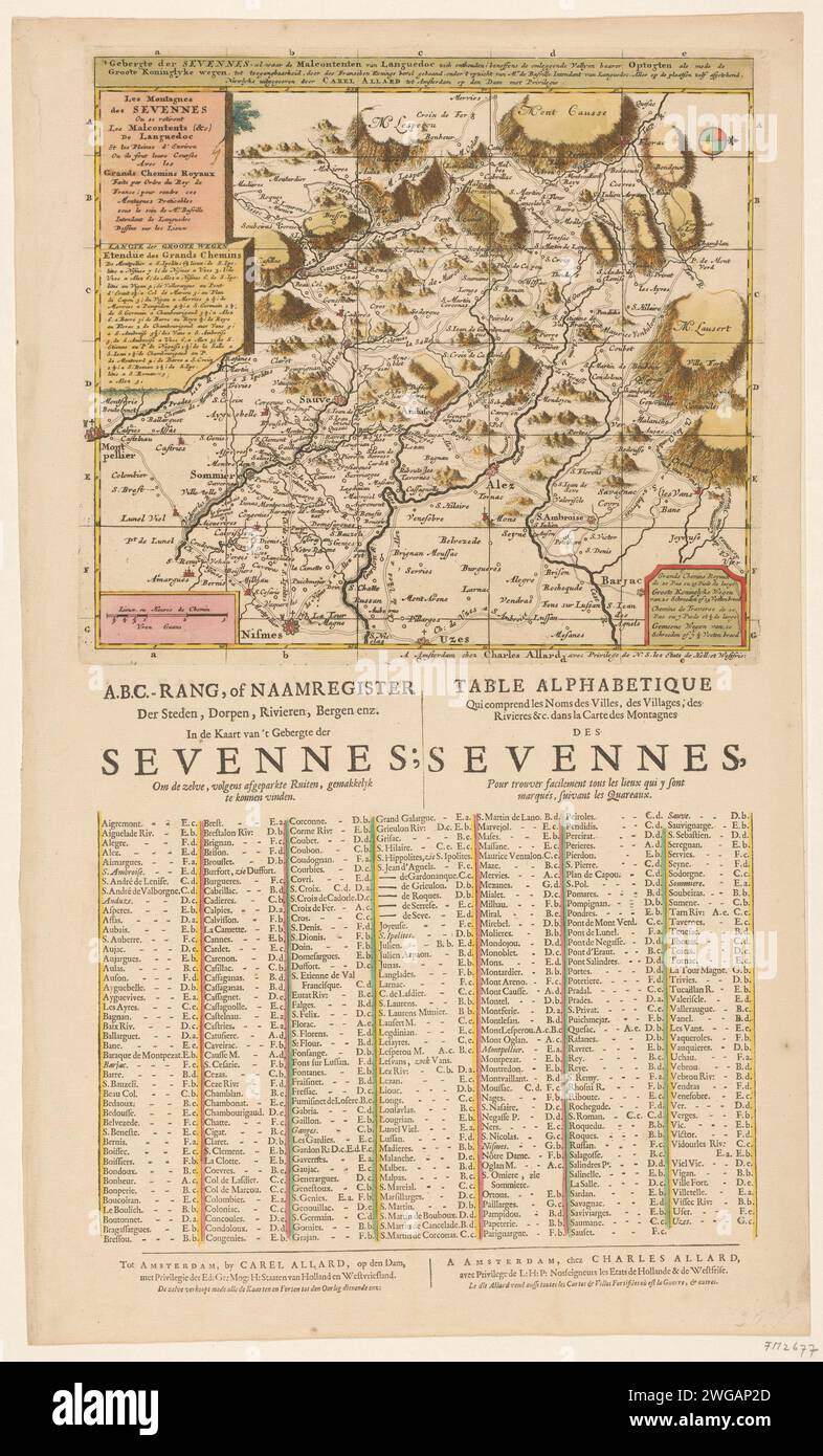 Karte der Sieben Berge im Languedoc, 1680 - 1699 Drucken Karte der Sieben Berge im Languedoc, wo die Unzufriedenen bleiben, mit den großen königlichen Straßen, die im Auftrag des französischen Königs Ludwig XIV. Angelegt wurden. 1680-1699. Mit einem Ortsregister in Niederländisch und Französisch unter dem Schild. Druckerei: Nord-Niederlande Spublisher: Amsterdam Papier ätzt Karten von verschiedenen Ländern oder Regionen Languedoc Stockfoto