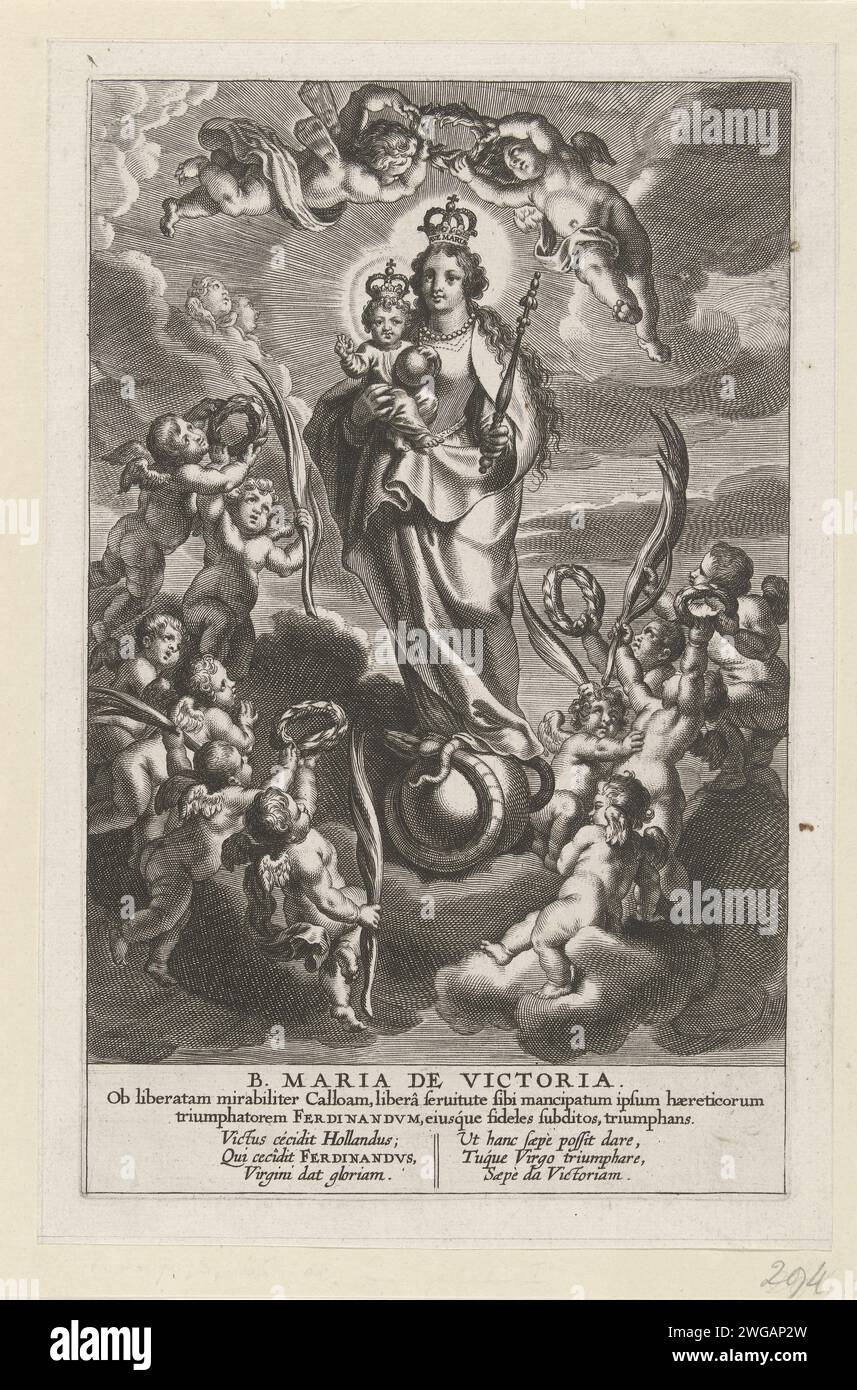 Maria mit Kind auf einem Globus stehend, Cornelis Galle (I) (zugeschrieben), 1586–1650 Druck krönte Maria mit Kind auf dem Arm, ein Zepter in der Hand. Maria steht auf einem Globus und trampelt eine Schlange mit ihrem Fuß. Umgeben von Engeln mit Palmenzweigen und Lorbeerkränzen. Unter der Show ein lateinischer Text und ein frischer in zwei Couplets. Südholländische Papiergravur Maria, die auf der Erde steht oder ruht. Bestimmte Arten von stehenden (oder halblangen) Madonnas, ohne andere Stockfoto Maria mit Kind auf einem Globus stehend, Cornelis Galle (I) (zugeschrieben), 1586–1650 Druck krönte Maria mit Kind auf dem Arm, ein Zepter in der Hand. Maria steht auf einem Globus und trampelt eine Schlange mit ihrem Fuß. Umgeben von Engeln mit Palmenzweigen und Lorbeerkränzen. Unter der Show ein lateinischer Text und ein frischer in zwei Couplets. Südholländische Papiergravur Maria, die auf der Erde steht oder ruht. Bestimmte Arten von stehenden (oder halblangen) Madonnas, ohne andere Stockfoto