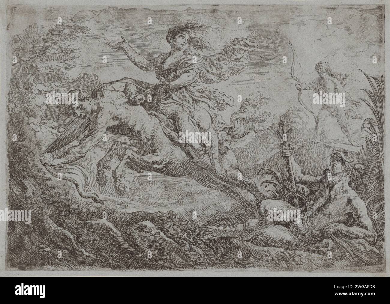 Nessus wird vom Gifspijl van Hercules getroffen, Cornelis Schut (I), 1618–1655 Print Ein Flussgott beobachtet, wie Nessus versucht, den Giftpfeil von Herkules aus seinem Rücken zu entfernen. Deianira sitzt auf dem Rücken. Herkules ist im Hintergrund, sein Bogen ist immer noch in der Hand. Druckerei: Italien Südholländische Papiergravur Herkules erschießt Nessus, den Zentauren, der versucht, Deianira abzuwehren. flussgötter Stockfoto