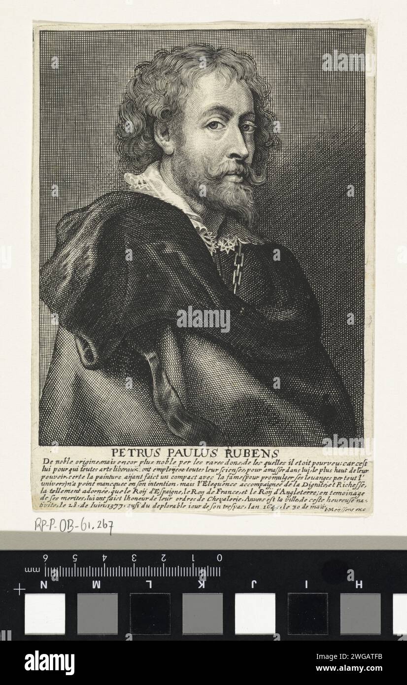 Porträt des Malers Petrus Paulus Rubens, Coenraet Waumans (möglich), 1649 Druck Porträt des Malers Petrus Paulus Rubens. Am Rande der Name der dargestellten Person und eine siebenzeilige Beschriftung mit biografischen Daten in französischer Sprache. Antwerpener Papierstich Porträt, Selbstporträt des Malers Stockfoto