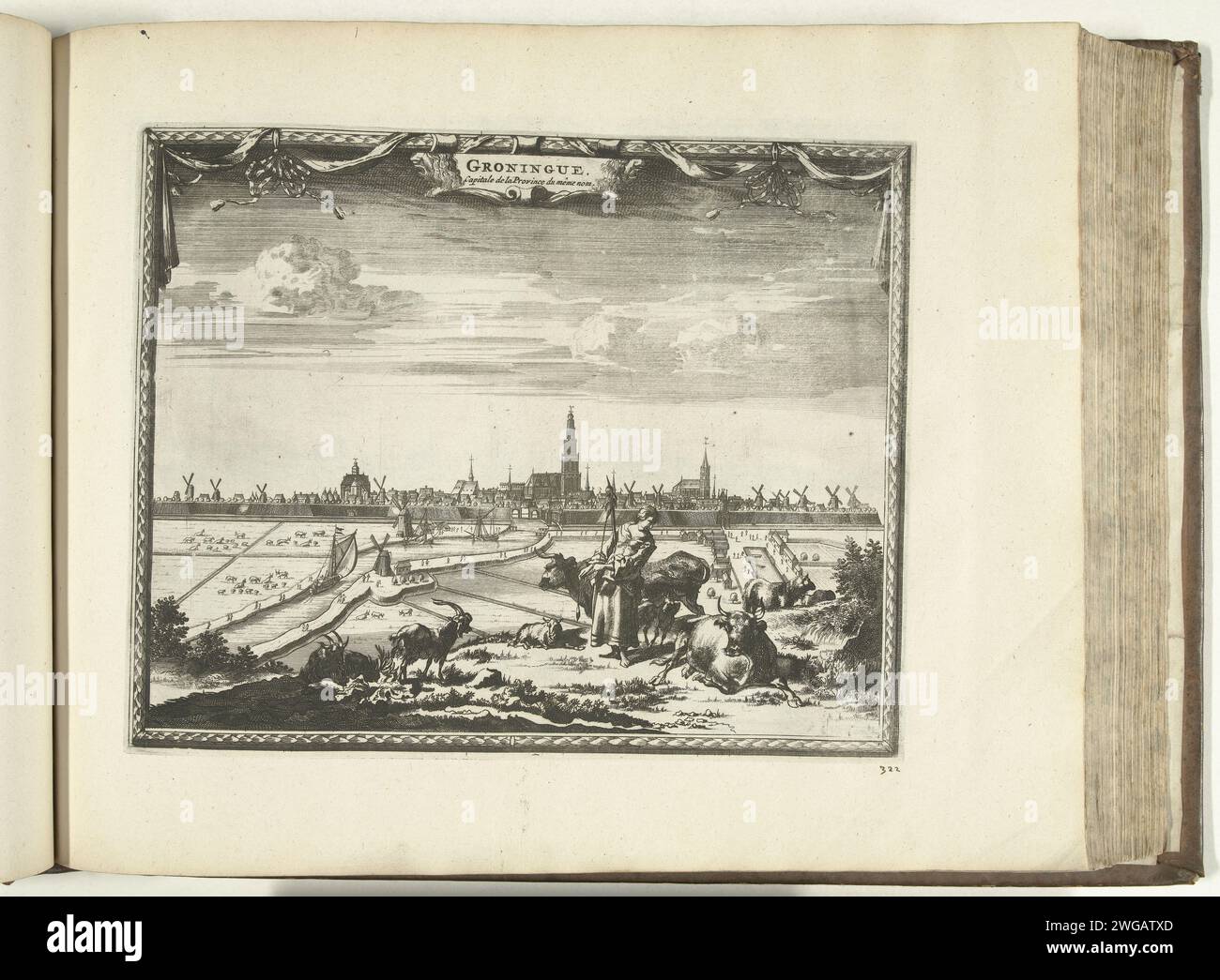 Ansicht von Groningen, 1726, 1726 Print Ansicht von Groningen, im Vordergrund eine Hirtin mit Rindern. Platte Nr. 322 in Teil XIII des Druckwerks Les Forces de l’Europe, Asie, Afrique et Amerique ... Comme aussi Les Cartes des Côtes de France et d’Espagne aus dem Jahr 1726, dieser zweite Teil mit 271 handnummerierten Schildern bekannter starker Städte und Festungen im Kontext des Spanischen Erbfolgekrieges 1701–1713. Zum größten Teil wurden diese Aufzeichnungen in die anonymen französischen Aufzeichnungen bekannter starker Städte und Kräfte kopiert: In Les Forces de l’Europe und in Le Theater de la Guerre, Dans Stockfoto