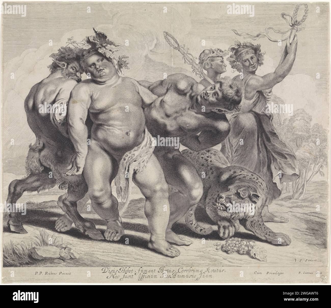 Bacchus Trunkenness, Jonas Suyderhoef, nach Peter Paul Rubens, 1644–1650 drucken der betrunkene Bacchus wird von zwei Satern unterstützt. Er ist nur in einem Tigertuch gekleidet. Auf der rechten Seite ein Leopard und Maenaden. Haarlem Papier, das den betrunkenen Bacchus graviert. Satyr(s) (allgemein) Stockfoto