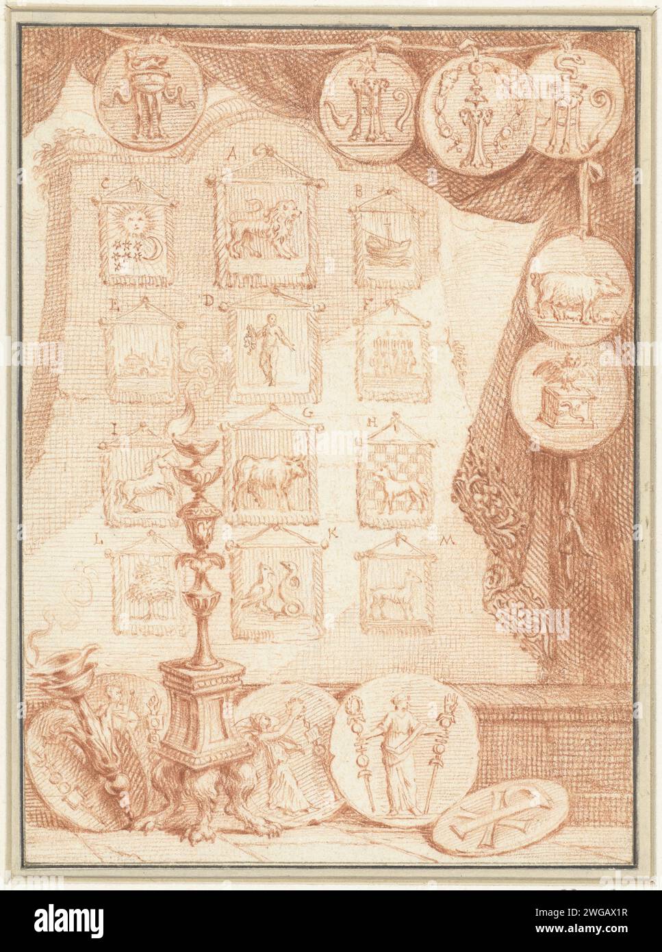 Hebräische, griechische und römische Armee, Jacob Houbraken, 1708–1780 Zeichnung Design für einen Druck. Papier. Kreide (Militär) Flaggen und Standards Stockfoto