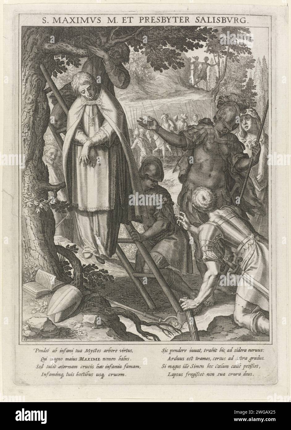 Suspendierung des Heiligen Maximus von de Herulen, Raphaël Sadeler (I), nach Johann Mathias Kager, 1615 Druck der H. Maximus, Abt von Salzburg, wird von den Germanen an einen Baum gehängt. Der Druck hat eine lateinische Unterschrift und ist der elfte Druck einer 60-teiligen Serie zum Thema der Heiligen von Bayern. Münchner Papierstich / Ätzen männlicher Heiliger (mit NAMEN). Gewaltsamer Tod durch Erhängen Bayerns. Dreifaltigkeitskirche Stockfoto