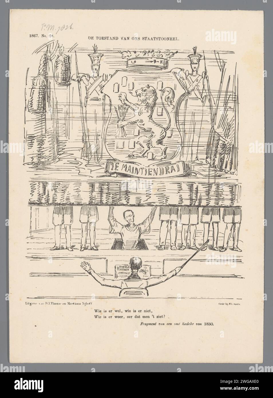 Cartoon über Trage, 1867, 1867 Print Cartoon über den Minister der Kolonien Tracks. Ein halb erhöhtes Toneel-Tuch mit Keilriemen in einer Luke. Plaat trat beim Weekblad de Nederlandsche Spectator auf, nein 28., 13. Juli 1867. Druckerei: Netherlandsprinter: Netherlandspublisher: Arnhempublisher: Das Haager Papiertheater, Theateraufführung Stockfoto