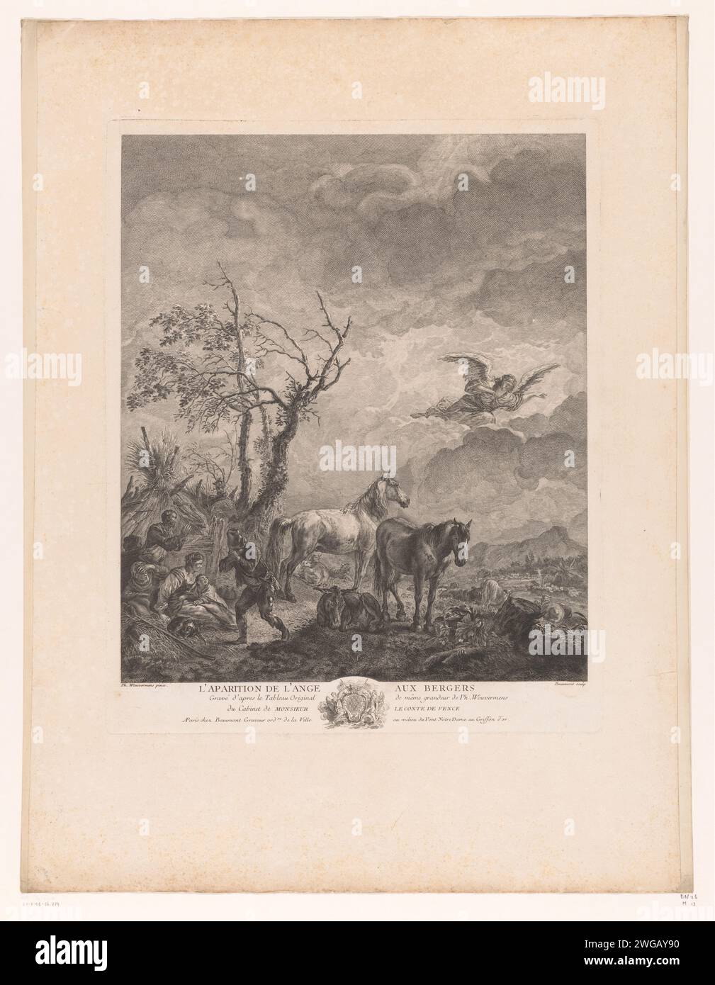 Ankündigung an die Hirten, Pierre Francois Beaumont, nach Philips Wouwerman, ca. 1735 - ca. 1740 Druck Paris Papier Radierung / Gravur Verkündigung der Geburt Christi an die Hirten (und/oder Hirten) in der Nacht; eine Vielzahl singender Engel in der Luft Stockfoto