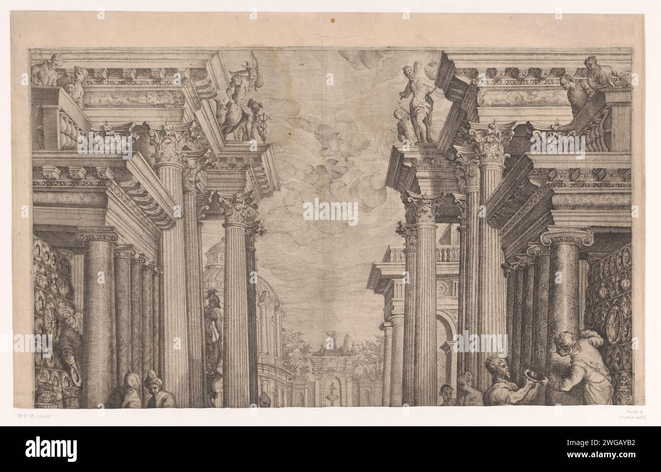 Hochzeit in Kana, M. Preyss, nach Andrea Michieli, 1594 Druck korinthische Säulen und Gesimse von Galerien (oberes Blatt). Christus bestellt (sechs) Gläser, die mit Wasser gefüllt werden  Hochzeitsfest in Kana Stockfoto