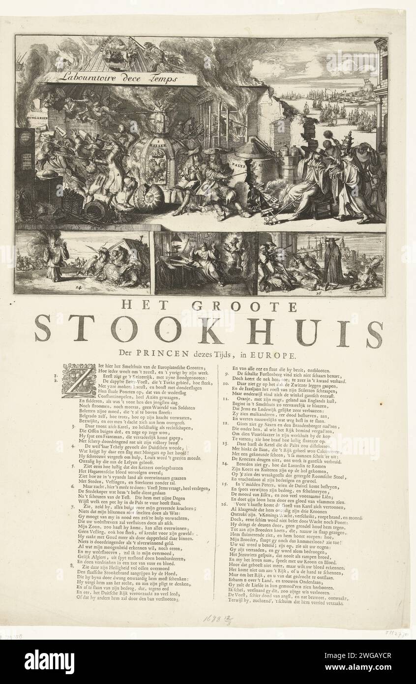 Cartoon über Jacobus II. Und Lodewijk XIV. Als Alchemisten, 1688, 1688 – 1689 Cartoon über Jacobus II. Und Lodewijk XIV. Als Alchemisten, 1688. Alchemistenwerkstatt mit einem großen Kessel, in dem das Feuer unter dem Reich. Auf der rechten Seite versucht der Papst, den Bischofskardinal vom Hut zu nehmen. Im Hintergrund die Ankunft der Flotte von Willem III Unter 3 kleinen Szenen mit der versehentlichen Kutsche von Lavardin (dem französischen Gesandten in Rom) erscheint der Teufel Pater Peters (Edward Petre) und der Geist von König Karl I., der durch die Straßen wandert. Unter der wird ein Vers in 2 Spalten mit einer Anweisung o angezeigt Stockfoto