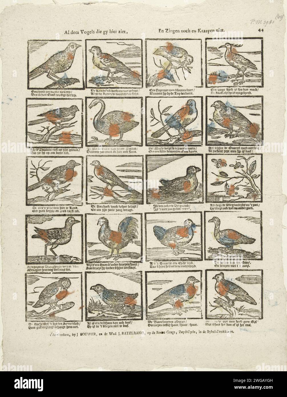 All the Birds that you See here, nor or and don't sing, 1794 - 1804 Print Leaf mit 20 Aufführungen von Vögeln. Unter jedem Bild ein zwei-Wege-Vers. Oben rechts nummeriert: 44. Verlag: Amsterdamprint Maker: Niederlande Papier Buchdruck Vögel Stockfoto