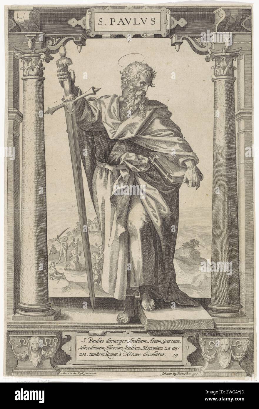 H. Paulus van Tarsus, Anonym, nach Hieronymus Wierix, nach Jan Ditmaer, nach Maerten de Vos, 1580–1613 Druck St. Paul von Tarsus steht, mit einem Fuß auf einem Stein, zwischen zwei Säulen in architektonischer Begleitung. In seiner Hand hält er ein Schwert, ein Buch unter seinem Arm. Im Hintergrund sieht man, wie er von einem Soldaten mit einem Schwert enthauptet wird. Im Kontext am Ende einer dreiseitigen Beschriftung in lateinischer Sprache. Nach dem Druck von: Antwerpen: Kölner Papier mit dem Stich des Apostels Paulus von Tarsus; mögliche Attribute: Buch, Schriftrolle, Schwert. Säule, Säule  Architektur. Die Enthauptung von Paulus Stockfoto