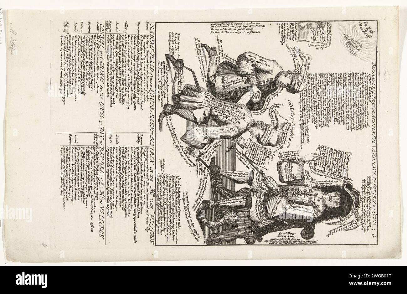 Villeroy und der Kurfürst von Bayern Kneelen für Ludwig XIV., 1706, 1706 drucken der Herzog von Villeroy und Maximilian II. Emanuel, der Kurfürst von Bayern, knieten mit dem Strumpf auf dem Kopf für König Ludwig XIV., 1706. Mit Versen auf Niederländisch und Französisch. Teil einer Serie von 19 Karikaturen über die Franzosen und Verbündeten aus dem Jahr 1706. Druckerei: Nord-Niederlande: Amsterdamer Papier, das politische Karikaturen und Satiren ätzt Stockfoto