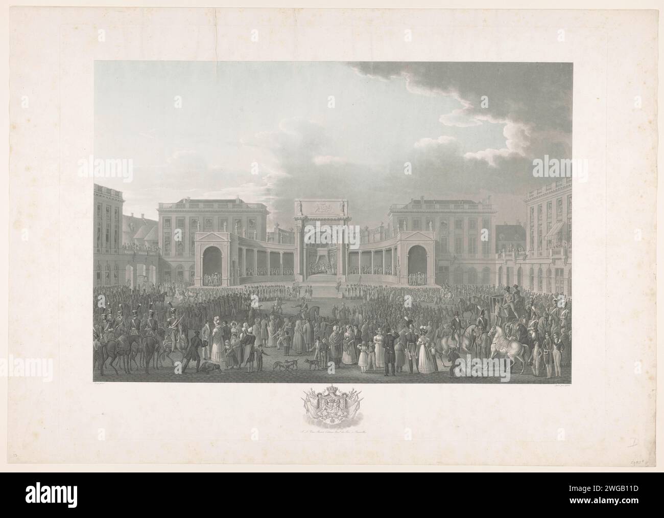 Einweihung von Willem I. in Brüssel am 21. September 1815, Johann Nepomuk Gibèle, nach Pierre Jean Baptiste Leroy, 1825 – in oder nach 1826 gedruckte Einweihung von König Wilhelm I. in Brüssel am 21. September 1815. Der König steht auf einer Plattform unter freiem Himmel und legt den Eid vor der Öffentlichkeit ab. Am Fuße der Waffe von König Wilhelm I. Teil einer Reihe von Aufzeichnungen über die Ankunft und Einweihung von Wilhelm I. in Brüssel. Brüsseler Zeitung, die den Eid des neuen Herrschers ablegt Brüssel Stockfoto