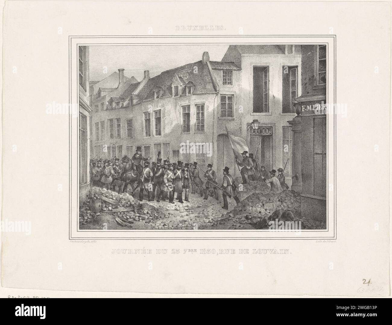 Barrikade im Leuvenseweg in Brüssel, 1830, Jean-Louis Van Hemelryck, 1830 drucken belgische Aufständische versammeln sich am 23. September 1830 im Leuvenseweg (Rue de Louvain) in Brüssel. Teil einer Gruppe von Drucken aus verschiedenen anderen Serien, die sich auf die Aufzeichnungen im Recueil über die Ereignisse während der belgischen Revolution in Brüssel, Antwerpen und anderen Städten im Zeitraum vom 25. August 1830 bis 27. März 1831 beziehen. Brüsseler Papierbarrikaden ~ Riot Brussels Stockfoto