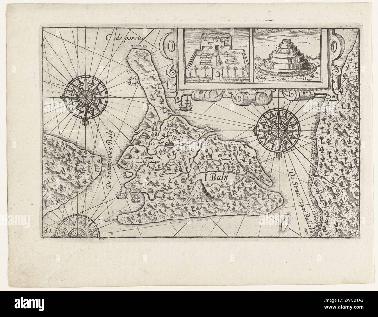 Karte von Bali, 1597, 1646 Drucken Karte der Insel Bali, Februar 1597. Oben eine Kartusche mit zwei Strukturen: Links ein Gebäude mit ummauertem Garten, rechts eine Stupa. Es gehört nicht zu den Originalillustrationen im Reisebericht des ersten Schipvaert von Cornelis de Houtman nach Ostindien in den Jahren 1595–1597. Nr. 41. Nordholland Papiergravur Exploration, Expedition, Entdeckungsreise. Landschaften in tropischen und subtropischen Regionen. Karten der einzelnen Länder oder Regionen Bali Stockfoto