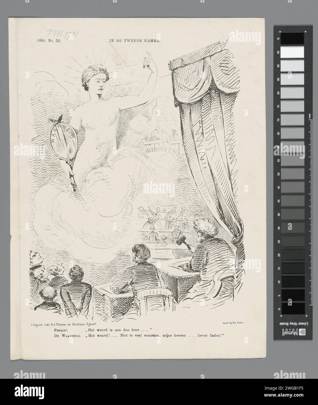 Cartoon with the Truth in the Lower House, 1866, 1866 Print Cartoon, in dem die Wahrheit im Repräsentantenhaus erscheint, mit der Erinnerung, weniger zufrieden zu sein und mehr zu tun. Plaat trat beim Weekblad de Nederlandsche Spectator auf, nein 32, 11. August 1866. Druckerei: Netherlandsprinter: Netherlandspublisher: Arnhempublisher: The Haager Paper Truth; 'VeritÃ' (Ripa) Stockfoto