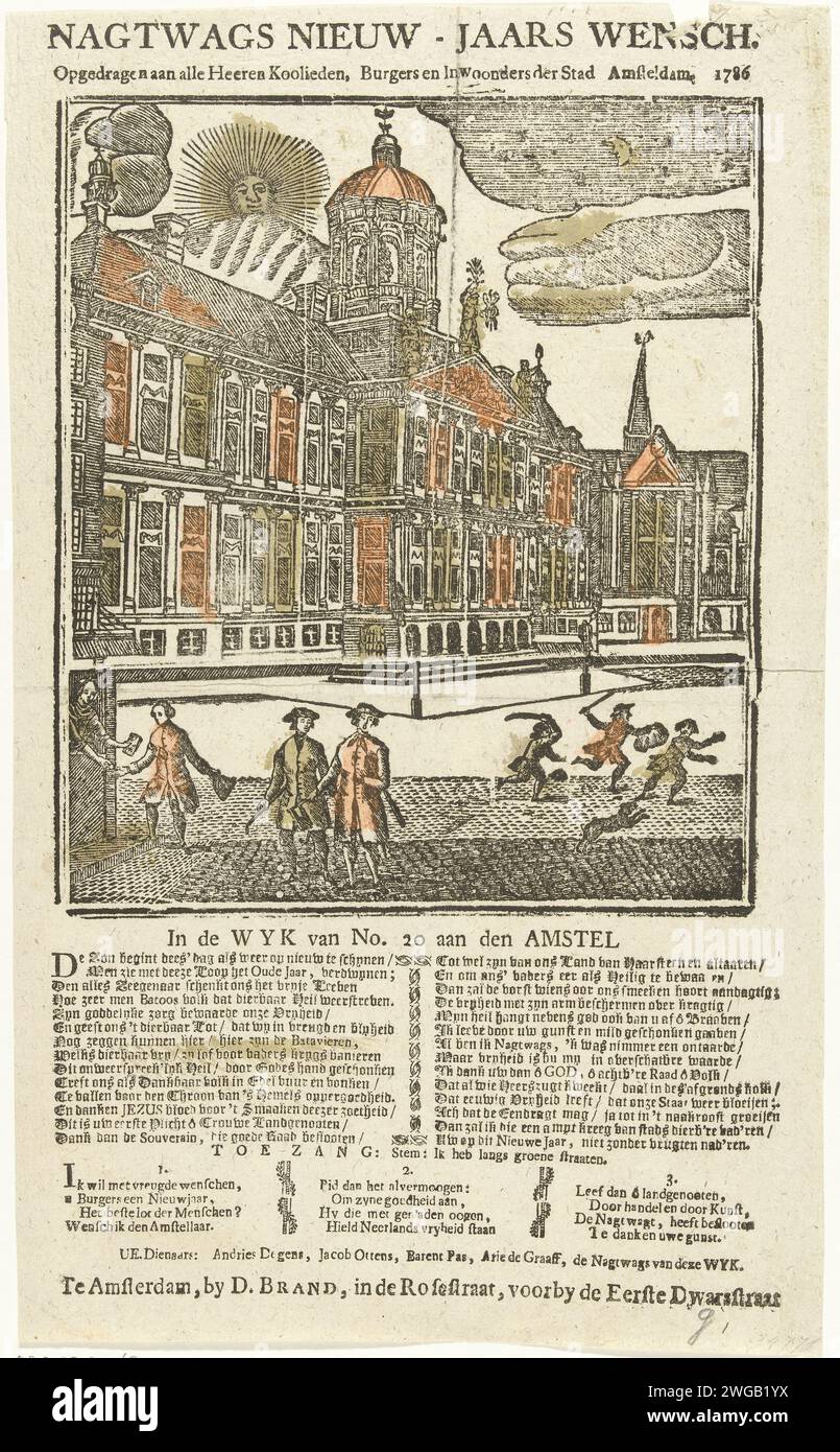 Neujahrsersatz der Amsterdamer Nachtwache für das Jahr 1786, 1785 - 1786 drucken Neujahrsersatz für das Jahr 1786 der Amsterdamer Nachtwache (Ratelwacht) van Wijk Nr. 20 (in den Amstel), gewidmet den Amsterdamer Bürgern. Mitglieder der Ratchwacht, die vor dem Rathaus auf den Damm warten, im Himmel Sonne, Mond und Sterne. Auf dem Magazin unter der Show eine Strophe in zwei Spalten mit einem Lied in drei Spalten in der Uhr. Amsterdam Papier Buchdruck Nachtpatrouille Rathaus von Amsterdam (1655-1808) Stockfoto