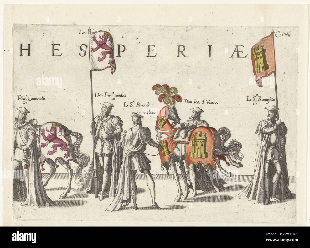 Teil der Parade, nein 20, 1619 drucken fünf Teilnehmer der Parade, Pferde und die Banner mit den Waffen von Kastilien und León. Teil der Druckserie der Trauerprozession von Kaiser Karel V. am 29. Dezember 1558 in Brüssel. Südholland Papierätzung / Gravur Cortege, Trauerprozession Löwe. Castilla y León Stockfoto