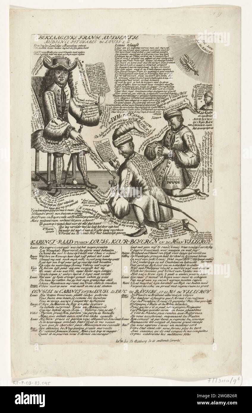 Villeroy und der Kurfürst von Bayern Kneelen für Ludwig XIV., 1706, 1706 drucken der Herzog von Villeroy und Maximilian II. Emanuel, der Kurfürst von Bayern, knieten mit dem Strumpf auf dem Kopf für König Ludwig XIV., 1706. Auf der Platte Verse auf Niederländisch und Französisch. Cartoon zur Situation im Jahr 1706 im Spanischen Erbfolgekrieg. Teil einer Serie von 25 Karikaturen über die Franzosen und Verbündeten aus dem Jahr 1706. Druckerei: Nord-Niederlande: Amsterdamer Papier, das politische Karikaturen und Satiren ätzt Stockfoto