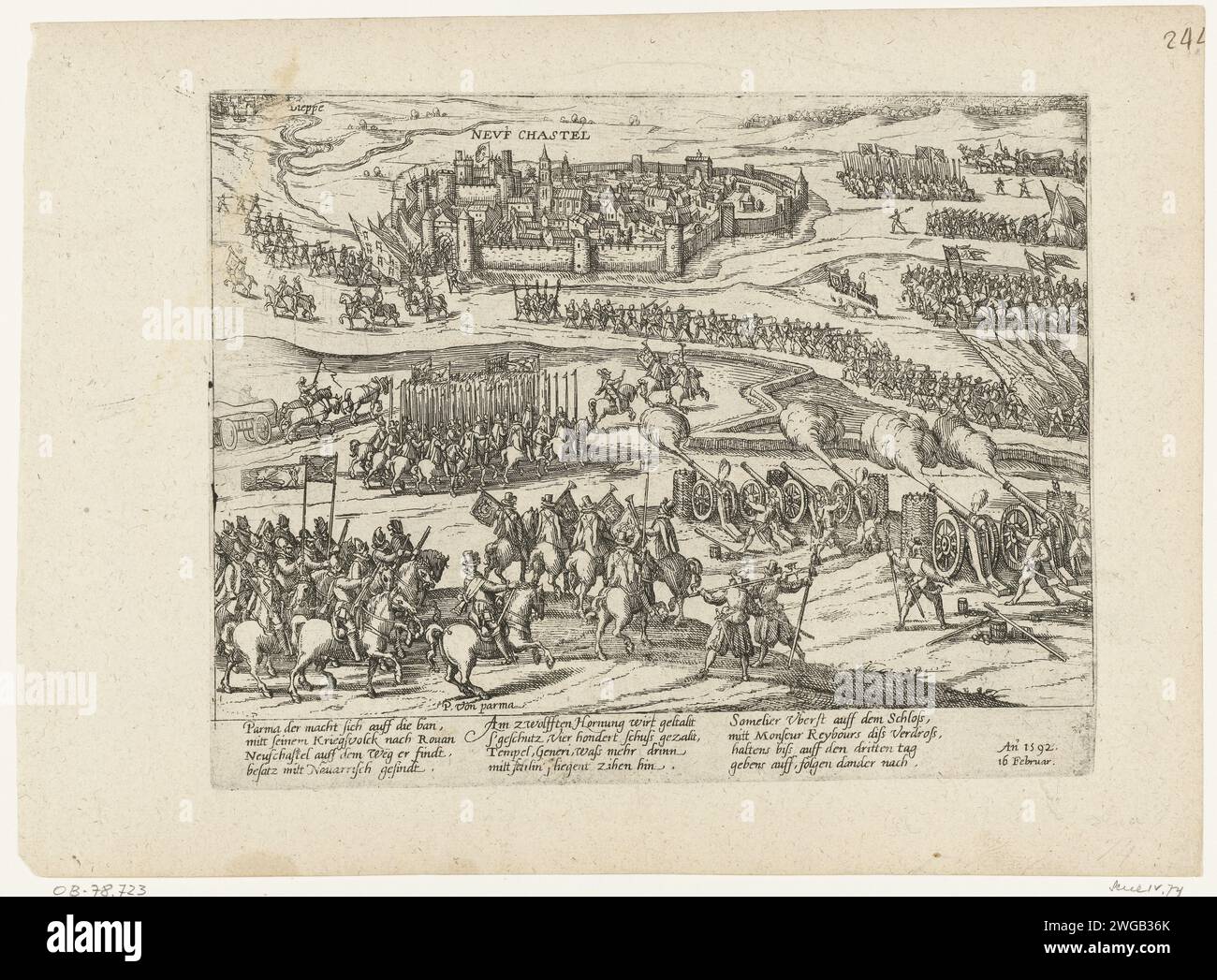 Der Herzog von Parma belagert Neufchâtel-en-Bray, 1592, 1592-1594 Druck der Herzog von Parma ist belagert Neufchâtel-en-Bray, 16. Februar 1592. Im Vordergrund stehen die Truppen von Parma die Stadt. Im Hintergrund verlassen die königlichen Truppen die Stadt in Richtung Dieppe. Mit 12 Zeilen auf Deutsch. Nicht Nummeriert. Blatt von einem Album, das auseinandergenommen wurde. Rechts oben (in Pen) nummeriert: 244. Kölner Papierätzer Sieg, Position war Dieppe. Neufchâtel-en-Bray Stockfoto