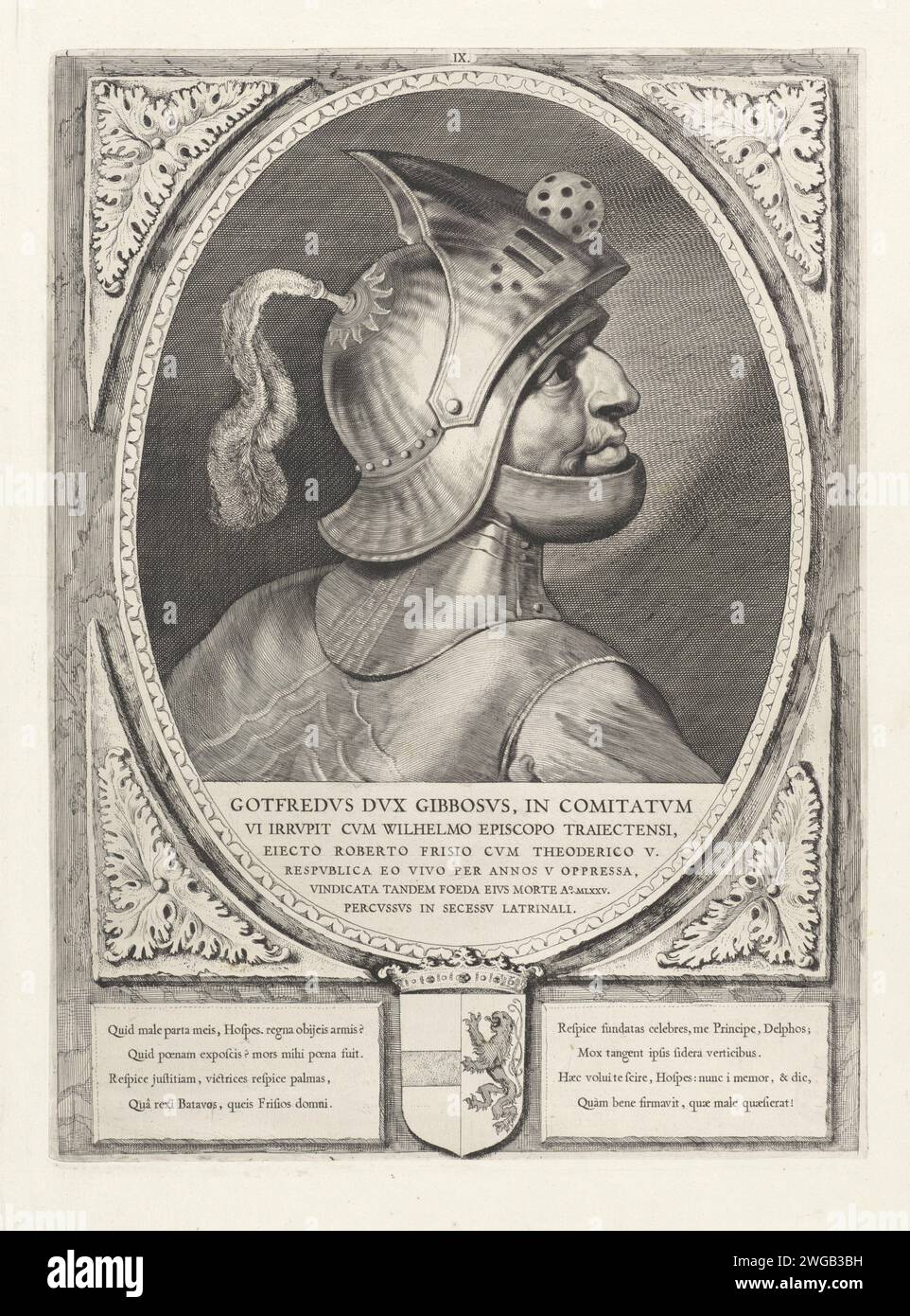 Porträt von Godfried III. Mit de Bult, Cornelis Visscher (II), 1650 Druck Godfried III. Mit der Beule, Herzog von Unterlothringen. Er trägt einen Helm und ist im Profil dargestellt. Der Rahmen ist mit dem Wapen van Holland verziert. Haarlem Papier Gravur / Ätzhelm Stockfoto