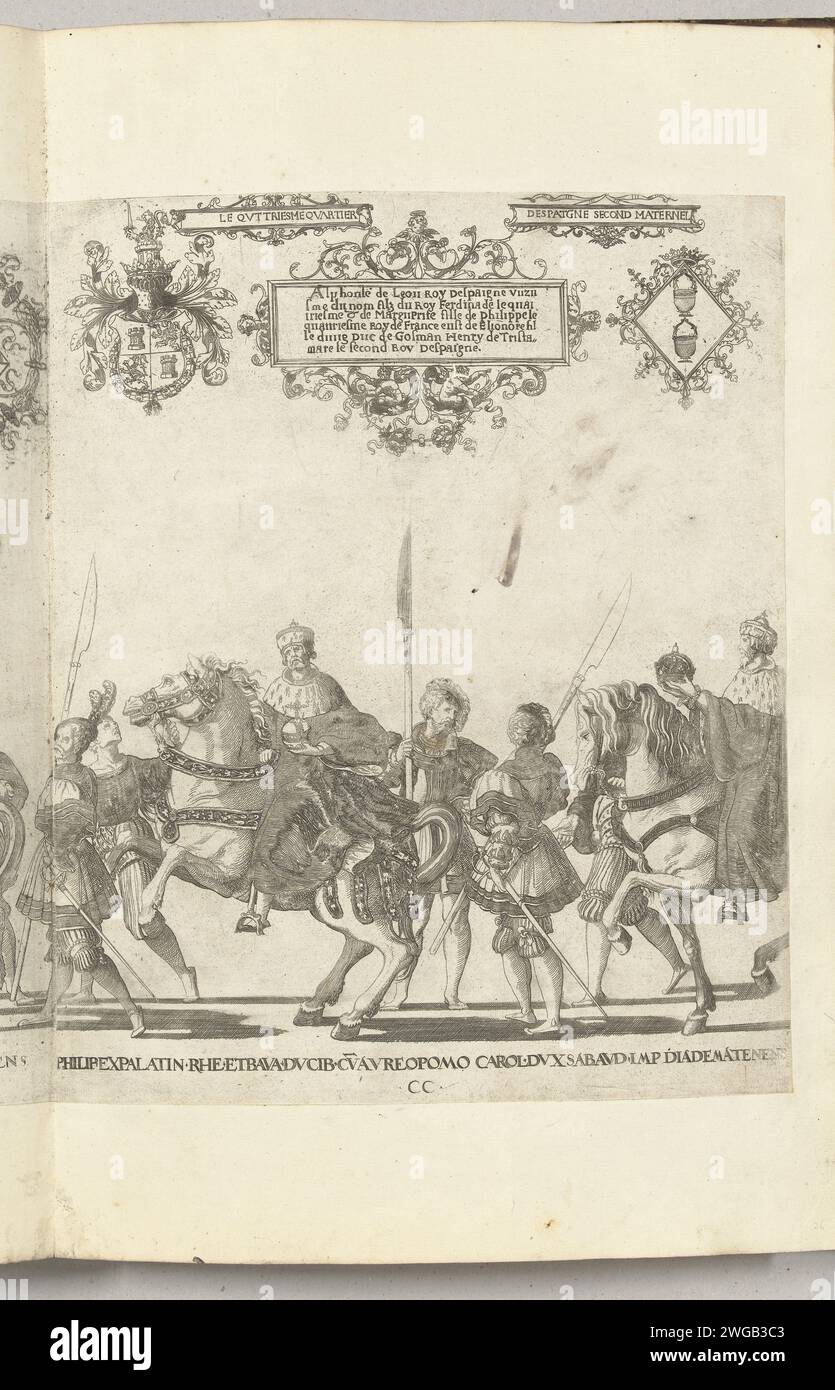 Philipp, Palatin und Herzog von Bayern, mit dem Rijksappel und Karel III., Herzog von Savoje, mit dem Keizerskroon, Plaat CC, 1530–1536 Druck Philipp, Palatin und Herzog von Bayern, mit dem Rijksappel und Karel III., Herzog von Savoje, mit dem Keizerskroon, Platte cc. Prozession von Karel V. mit Papst Clemens VII. In Bologna nach seiner Krönung zu Keizer am 24. Februar 1530. Mechelen Papier Ätzfest (+ Parade, Wettbewerb, Kavalcade  festliche Aktivitäten) Bologna Stockfoto