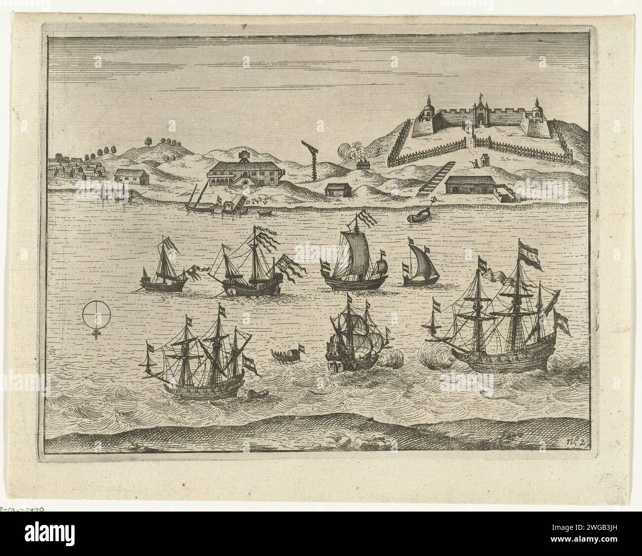 View of Zeelandia, Anonym, 1644 - 1646 Print View of Fort Zeelandia on Taiwan, Mai 1632. Sehen Sie über das Wasser, wo Schiffe auf die gegenüberliegende Seite mit unter anderem Fort, Galgen, offiziellen Gebäuden und verschiedenen Häusern segeln. Teil der Illustrationen im Bericht über die Reise nach Ostindien von Seyger van Rechteren, 1628-1632, Nr. 2. Nordholland Papierätzung / Gravur Exploration, Expedition, Entdeckungsreise. Landschaften in tropischen und subtropischen Regionen. Eroberung der Stadt Taiwan (nach der Belagerung). Fort Zeelandia Stockfoto