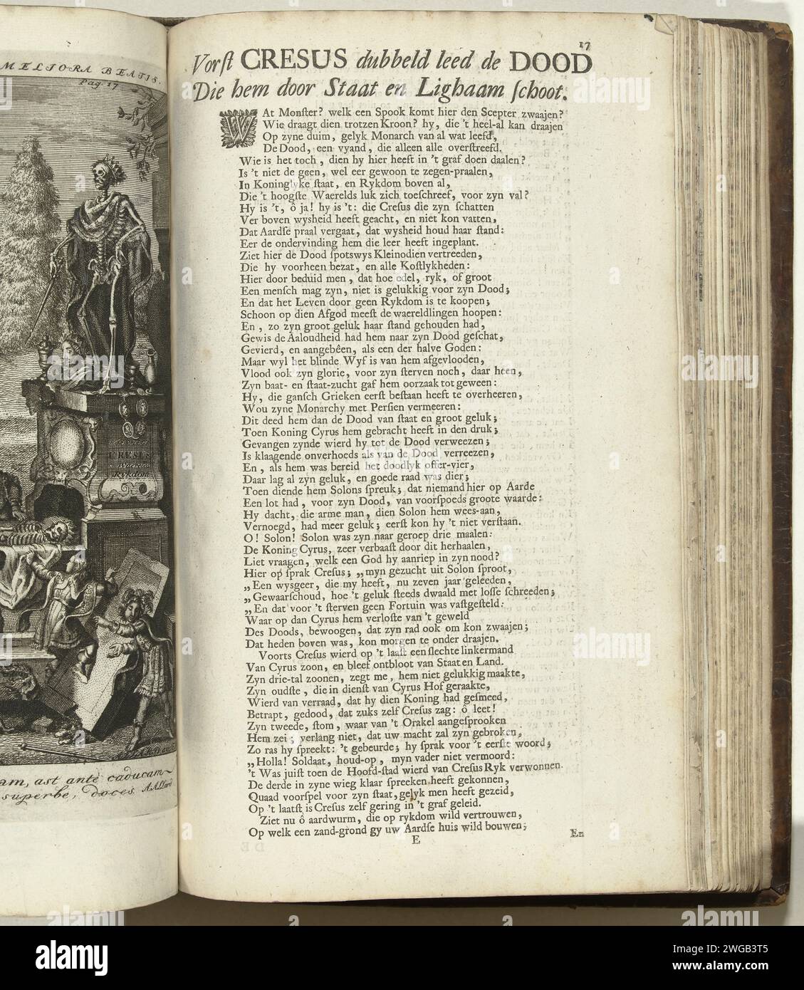 Frisch auf dem Abdruck mit dem geöffneten Grab von König Croesus, CA. 1707-1708, 1707 - 1708 Textblatt Textblatt mit einem Vers zum beidseitigen Druck mit der Allegorie, in der Umstehende den Rahmen im geöffneten Grab von König Croesus, ca. 1707-1708. Teil von: Die standhafte Monarchie des Todes, eine Serie von 8 alten Platten mit Versen, die als Cartoons über die Franzosen im Kontext des Spanischen Erbfolgekrieges adaptiert wurden. Teil der unter dem Sammlungstitel 't Lust-Hof of Momus veröffentlichten Druckarbeit mit der gebündelten Karikaturserie während der Jahre 1701-1713 des Spanischen Krieges von S Stockfoto