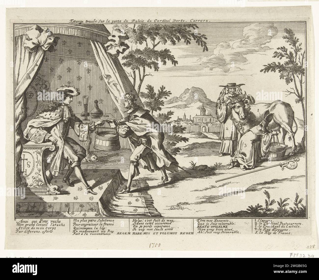 Die spanische Kuh melken, CA. 1701, 1700 – 1702 Druck Allegory, in dem der Kardinal Portocarrero die spanische Kuh vom Präsidenten von Kastilien melken lässt. Philipp V. gibt die Milch an Ludwig XIV., die links in einem Zelt liegt. In der Bildunterschrift Verszen und Legenda auf Französisch. Erwähnen Sie oben: Estampe Trouvée sur la Porte du Palais du Cardinal Porto-Carrero. Teil einer Gruppe von Einzelcartoons über Ludwig XIV. Während des Spanischen Erbfolgekrieges, ca. 1701-1713. Nordholländisches Papier mit politischen Karikaturen und Satiren. Melken Stockfoto