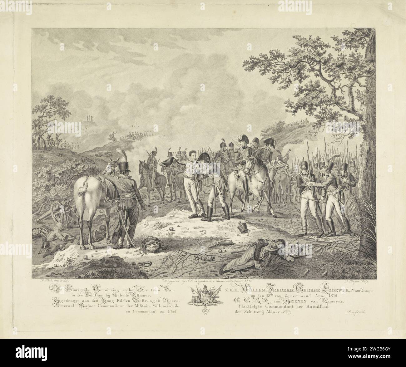 Der verwundete Prinz von Orange beim Sieg in der Schlacht von Waterloo, 1815, Dirk Sluyter, nach Hermanus Fock, 1815 druckte den Sieg während der Schlacht von Waterloo am 18. Juni 1815. Der Prinz von Orange ist zentral, seine Schulterwunde wird gepflegt. Auf der rechten Seite Stab zu Pferd und andere Soldaten, im Hintergrund Rauchwolken über dem Schlachtfeld. Druckerei: Netherlandspublisher: AmsterdamAmsterdam Papierätzung / Gravur Schlacht (+ Landstreitkräfte). Durch Verwundungen außer Gefecht setzen - HH - außer Gefecht gesetzt werden Waterloo Stockfoto
