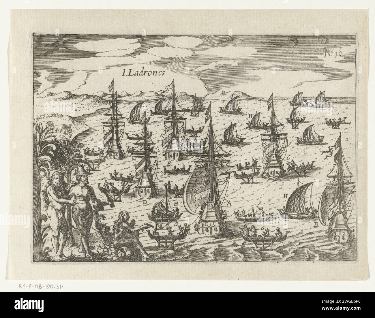 Ankunft auf den Ladrones-Inseln, 1616, 1646 Drucken Ankunft der Flotte in der Nähe der Ladrones- oder Marianen-Inseln, Januar 1616. Die Schiffe stehen vor Anker: Der Sohn, die Maen, die Morghen-Star, die Aeolus, der Jäger und das eroberte Schiff. Verschiedene Arten von lokalen Schiffen im Wasser. Links im Vordergrund zwei Beispiele der Einheimischen. Teil der Illustrationen im Bericht über die Weltreise von Joris van Spilbergen, 1614-1617, Nr. 16. Nordholland Papierätzung, Expedition, Entdeckungsreise. Landschaften in tropischen und subtropischen Regionen Marianen Inseln Stockfoto