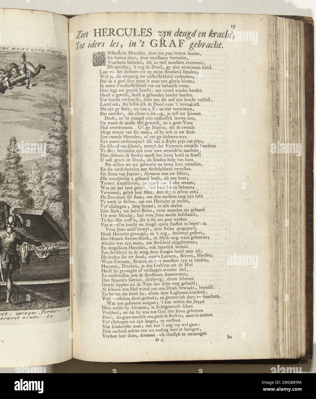 Frisch beim Abdruck mit dem geöffneten Grab des Herkules, CA. 1707-1708, 1707 - 1708 Textblatt Textblatt mit einem Vers zum beidseitigen Druck mit der Allegorie, in der Umstehende den Rahmen im geöffneten Grab des Gottes Herkules, ca. 1707-1708. Teil von: Die standhafte Monarchie des Todes, eine Serie von 8 alten Platten mit Versen, die als Cartoons über die Franzosen im Kontext des Spanischen Erbfolgekrieges adaptiert wurden. Teil der unter dem Sammlungstitel 't Lust-Hof of Momus veröffentlichten Druckarbeit mit der gebündelten Karikaturserie während der Jahre 1701-1713 des Spanischen Krieges von S Stockfoto