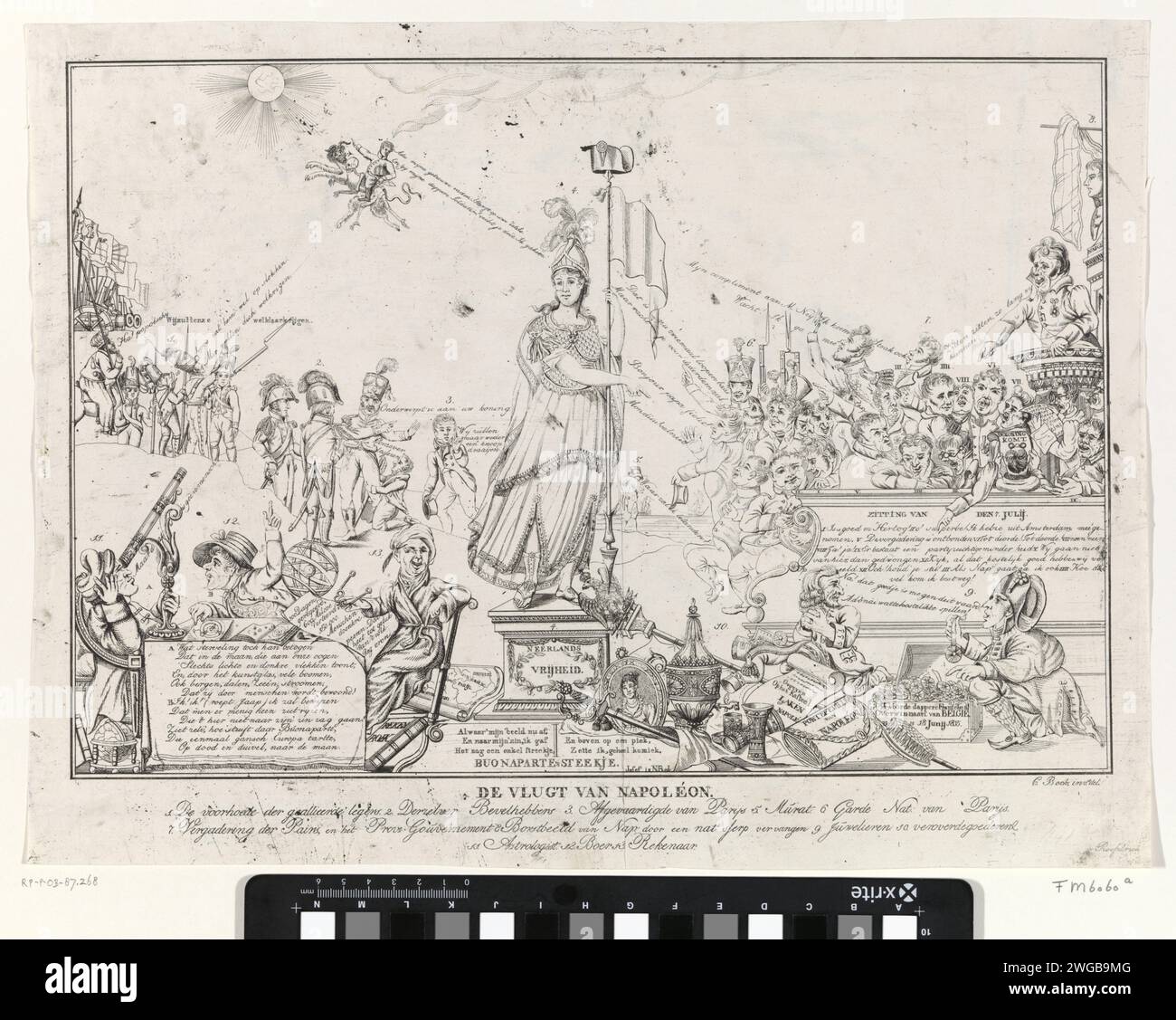 Flug Van Napoleon, 1815, Christoph Wilhelm Bock, 1815 - 1820 Print Cartoon über Napoleons Flug nach der französischen Niederlage in der Schlacht von Waterloo am 18. Juni 1815. Zentral die niederländische Jungfrau mit dem Stich Napoleons auf der Lanze der Freiheit. Auf der linken Seite fährt Napoleon auf den Teufel und Tod auf den Mond. Links vorne sieht ein Astrologe dieses Spektakel mit einem Fernglas an, neben ihm ein Bauer und ein Buchhalter, der die Kosten für Napoleons hundert Tage berechnet. Vor dem rechten Zeug von Napoleon ging ein jüdischer Käufer oder Gutachter auf der Burg von Laeken. Direkt hinter dem Chaos Stockfoto
