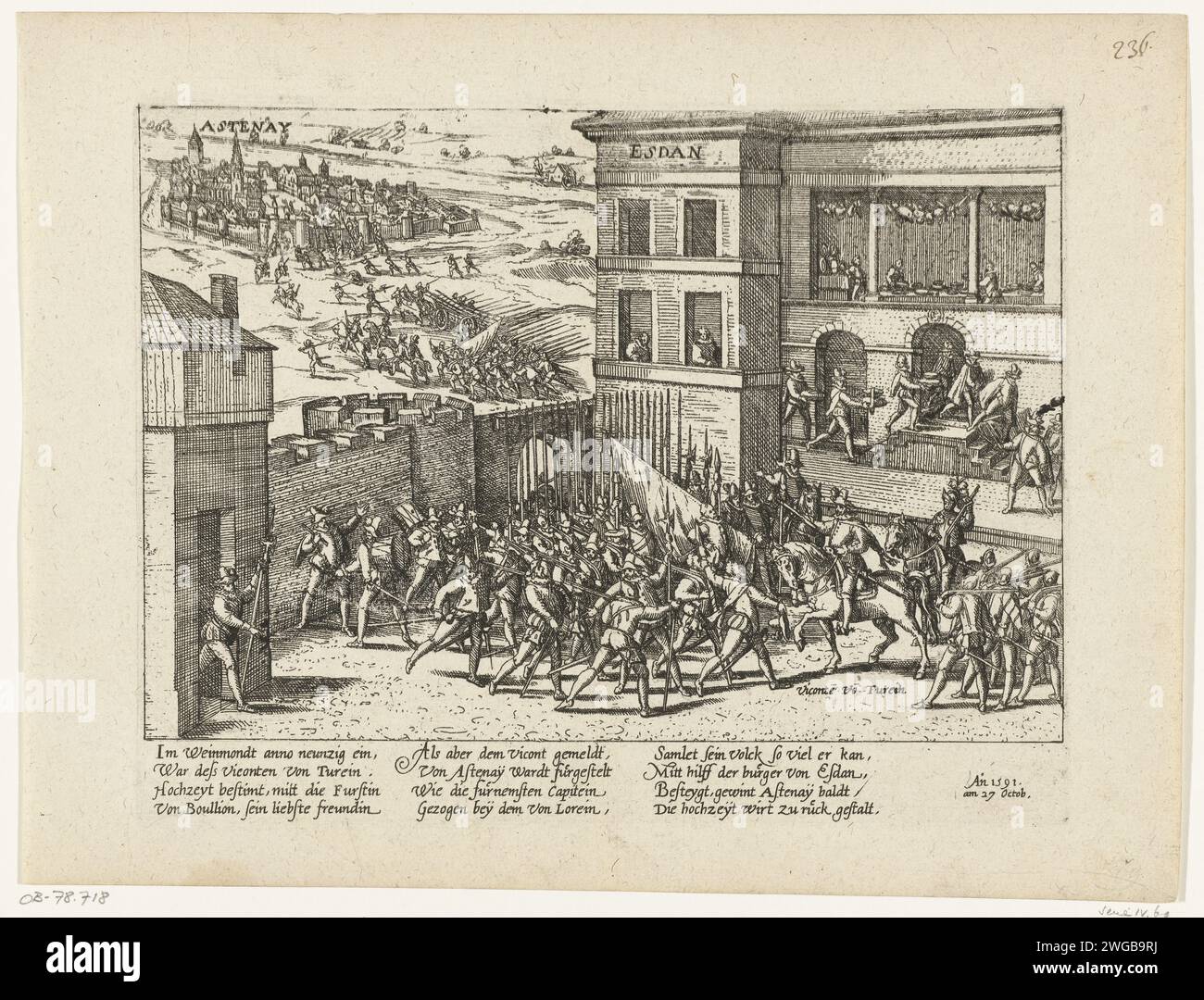 Wedding Van Turenne and the Intake of Stenay, 1591, 1591 - 1593 Print Wedding of Henri, Vicomte de Turenne with Charlotte de la Marck in Sedan and the Intake of Stenay, 27. Oktober 1591. Sehen Sie sich im Palast mit den Hochzeitsfeiern, die Truppen oben links gehen nach Astenay. Mit 12 Zeilen auf Deutsch. Nicht Nummeriert. Blatt von einem Album, das auseinandergenommen wurde. Rechts oben (in Stift) nummeriert: 236. Kölner Papier ätzt Hochzeitsfest, Hochzeitsmahl seitdem. Stenay Stockfoto