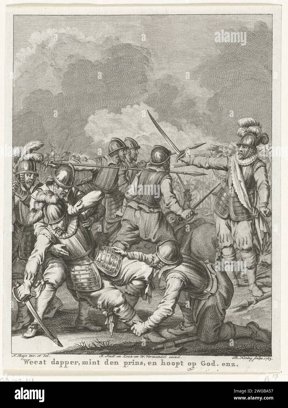 Tod von Charles de Boisot, 1575, 1785 Druck Tod von Charles de Boisot auf dem Schlachtfeld während einer Schlacht mit Mondragon, 29. September 1575. 17. Gesang. Druckerei: Northern Netherlandspublisher: Amsterdampublisher: Amsterdampublisher: Amsterdampublisher: Amsterdam Paper Radiching Dying. Kampf, Kampf im Allgemeinen Stockfoto